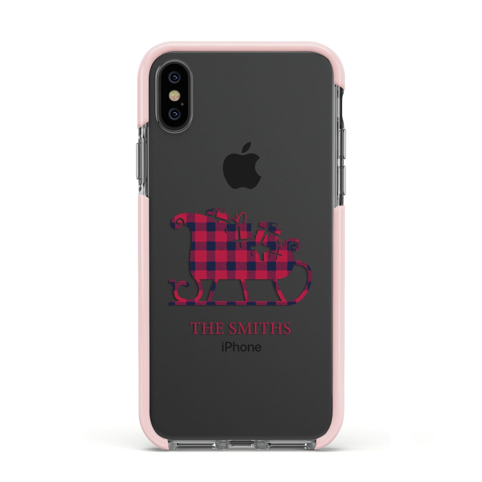 Tartan Santa Sleigh Personalised Surname Apple iPhone Xs Impact Case Pink Edge on Black Phone