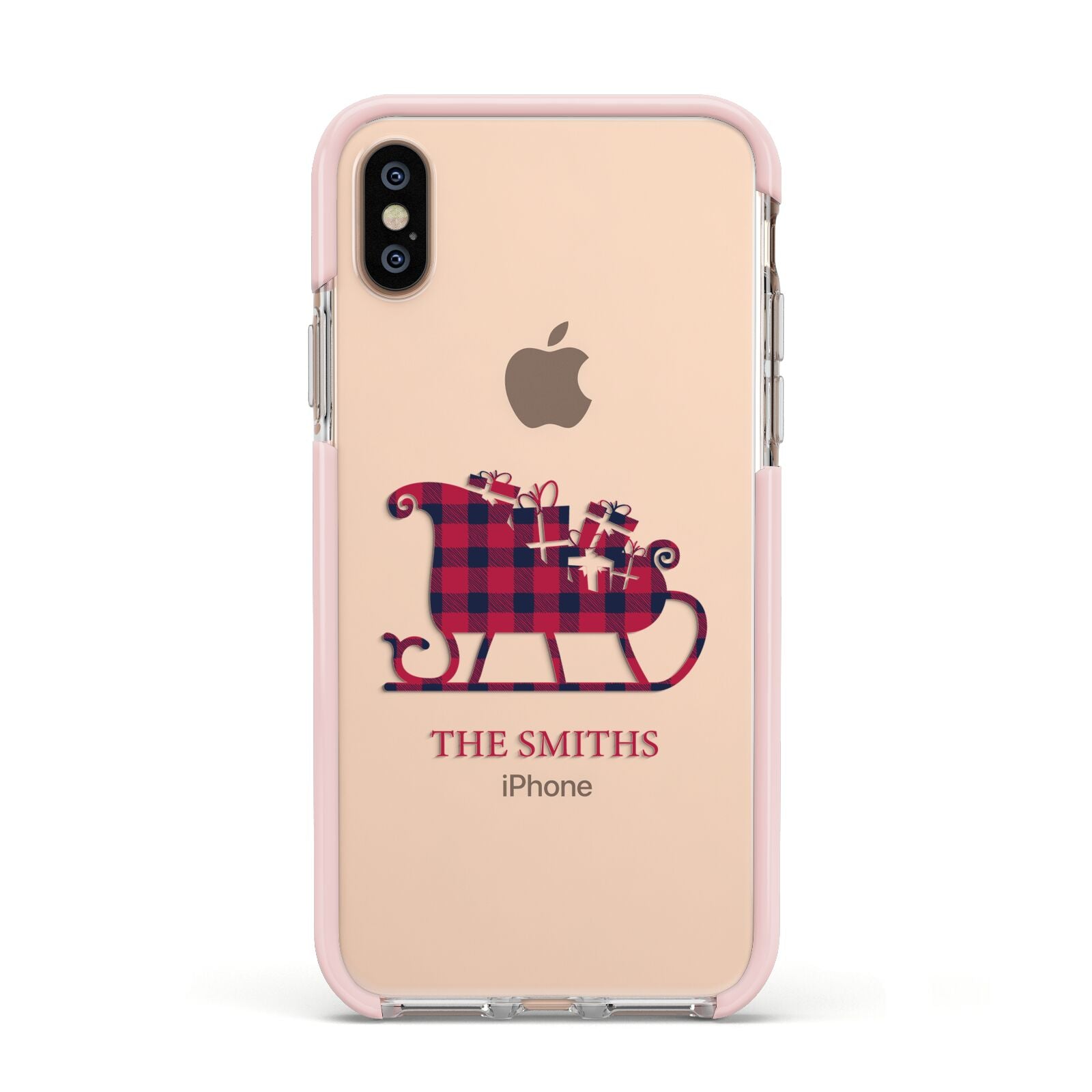 Tartan Santa Sleigh Personalised Surname Apple iPhone Xs Impact Case Pink Edge on Gold Phone