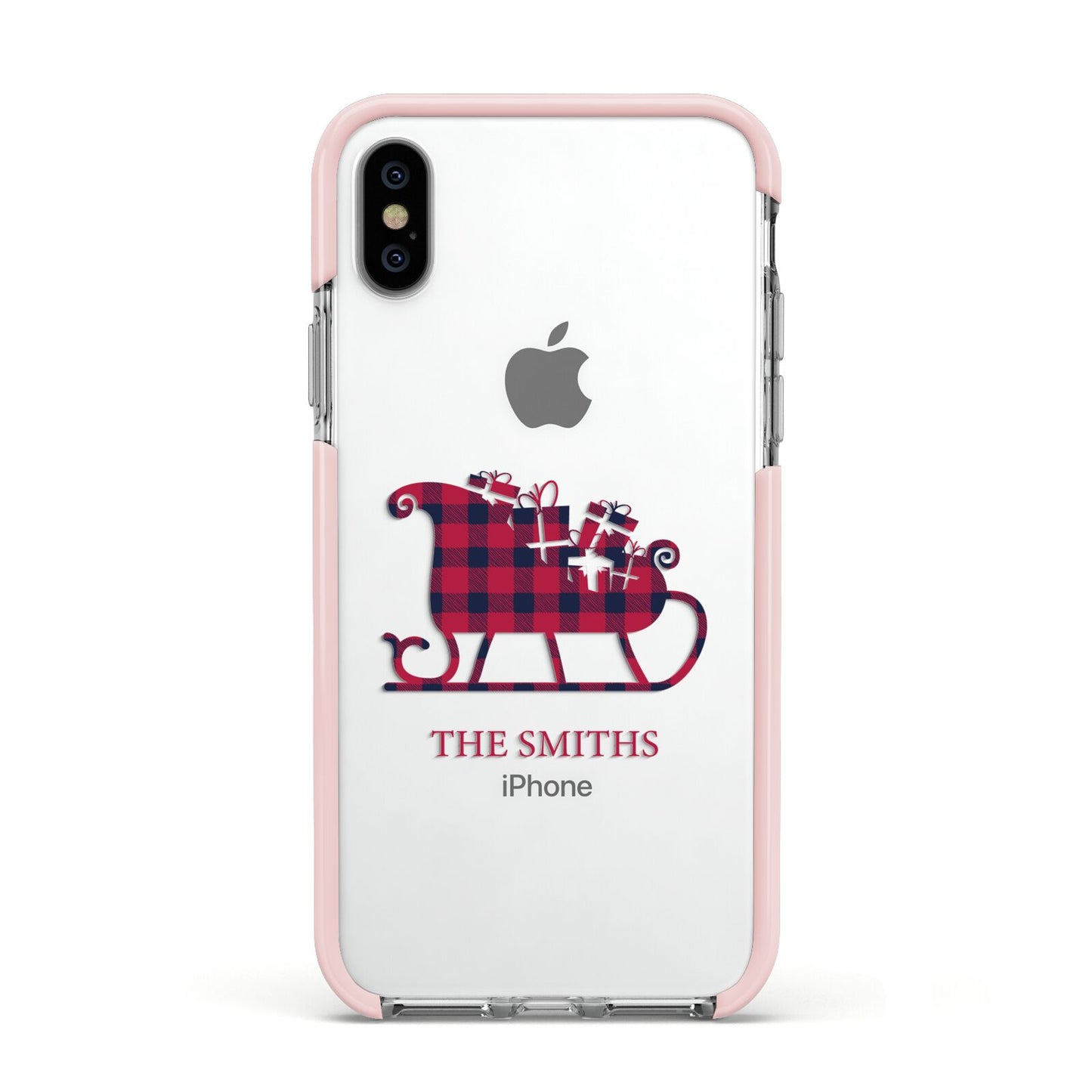 Tartan Santa Sleigh Personalised Surname Apple iPhone Xs Impact Case Pink Edge on Silver Phone