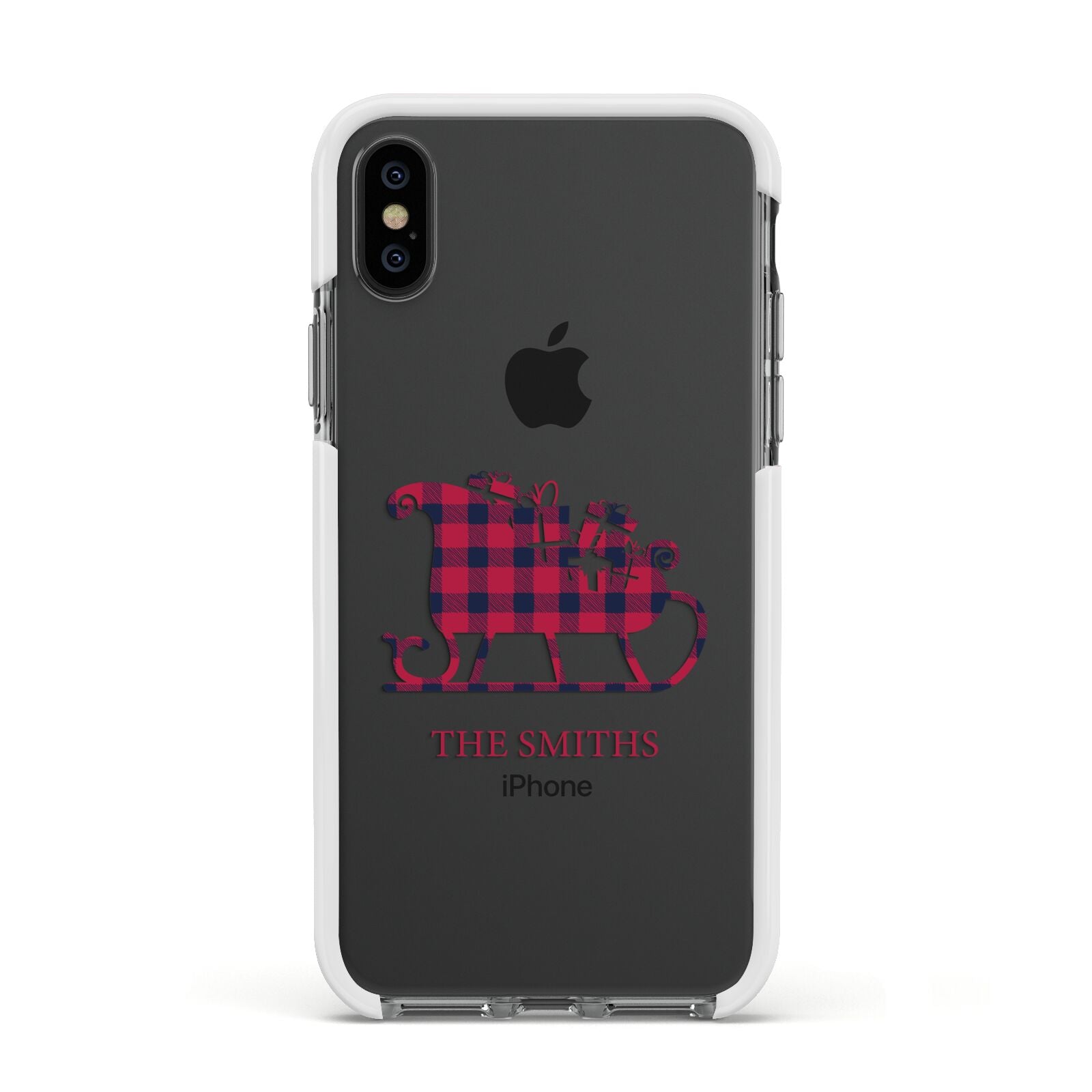 Tartan Santa Sleigh Personalised Surname Apple iPhone Xs Impact Case White Edge on Black Phone