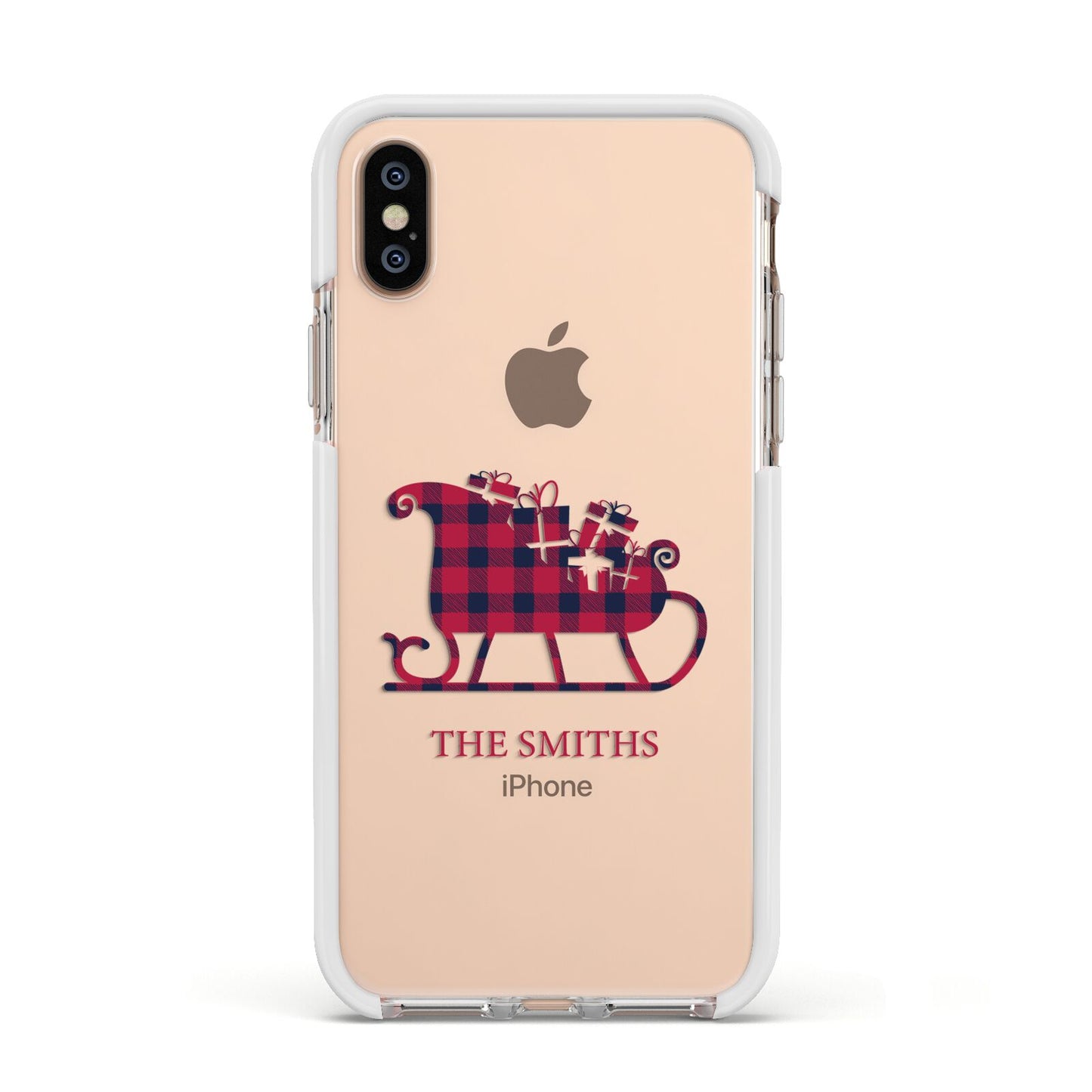 Tartan Santa Sleigh Personalised Surname Apple iPhone Xs Impact Case White Edge on Gold Phone