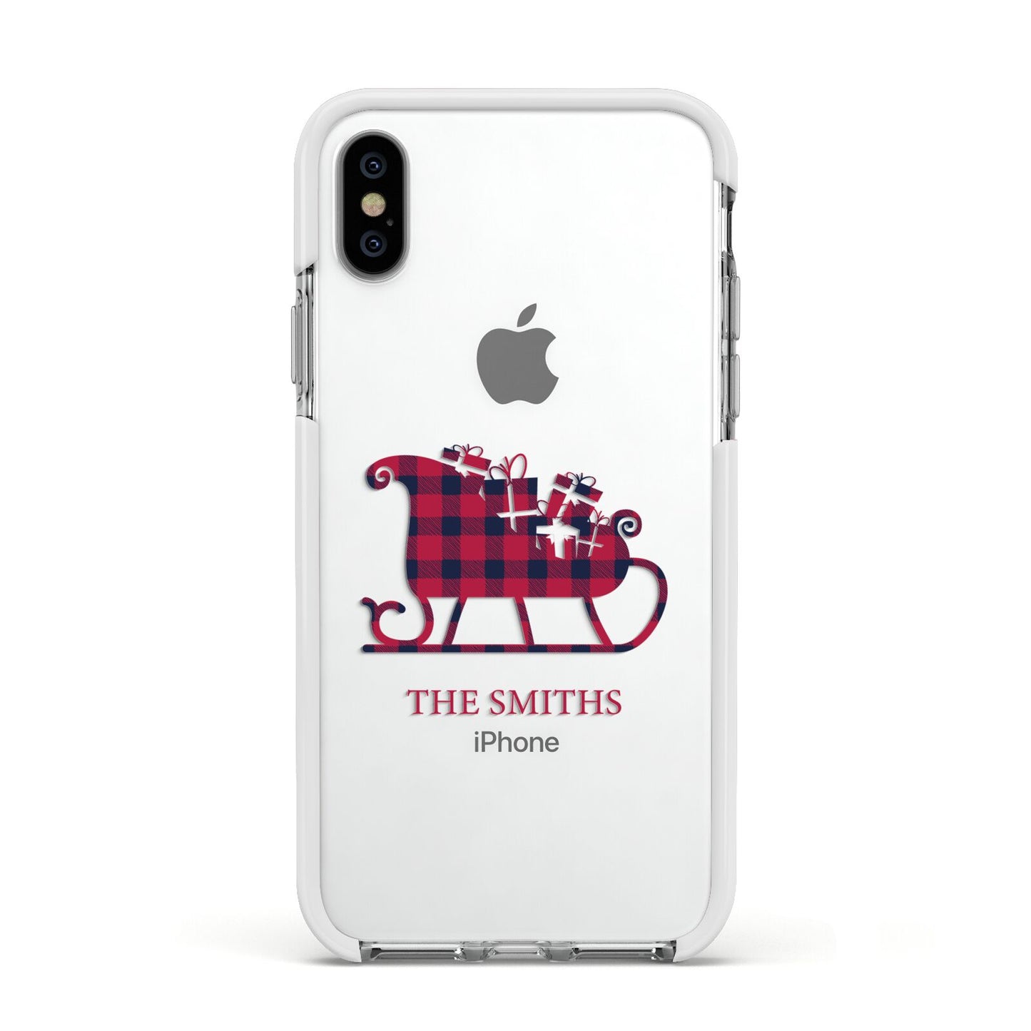 Tartan Santa Sleigh Personalised Surname Apple iPhone Xs Impact Case White Edge on Silver Phone