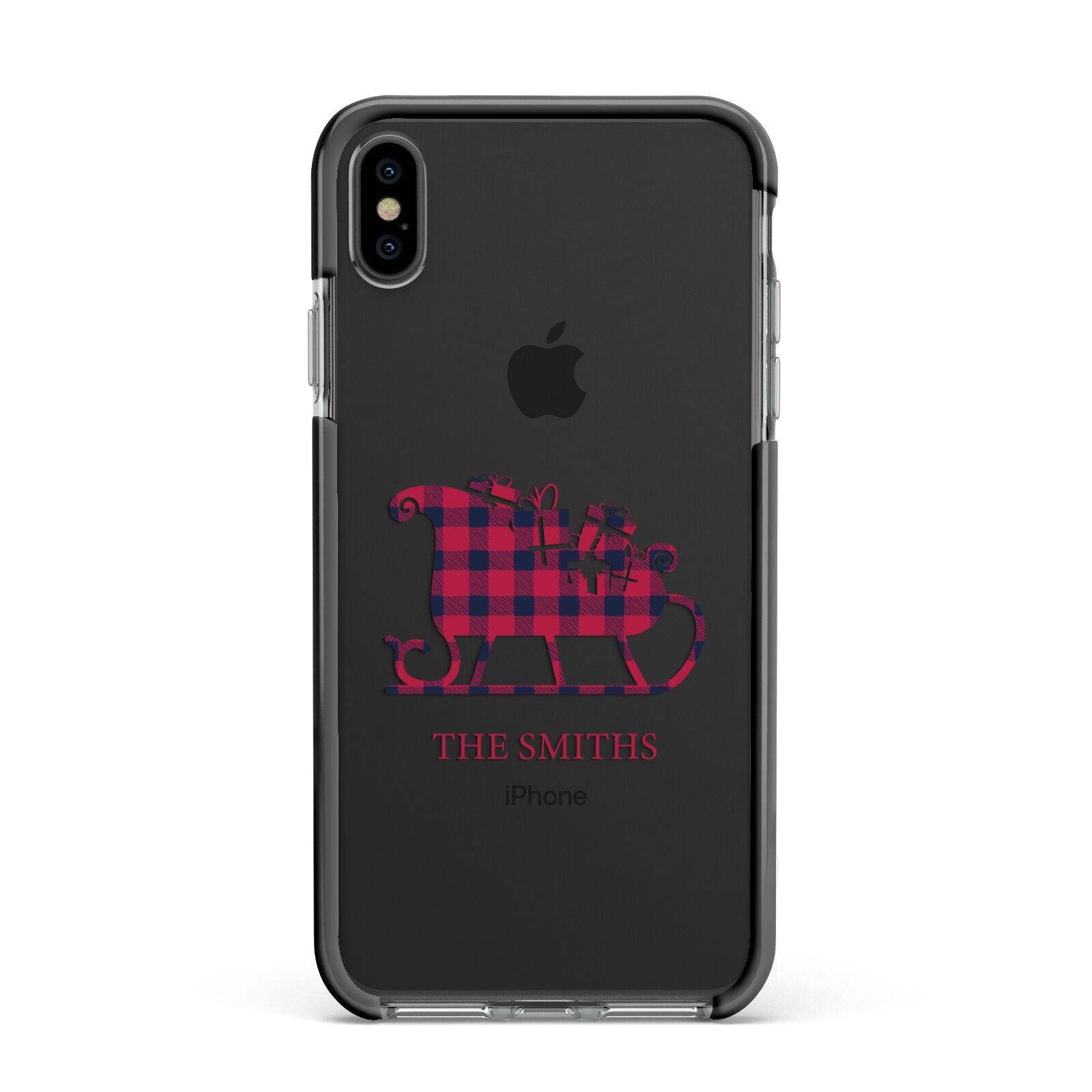 Tartan Santa Sleigh Personalised Surname Apple iPhone Xs Max Impact Case Black Edge on Black Phone