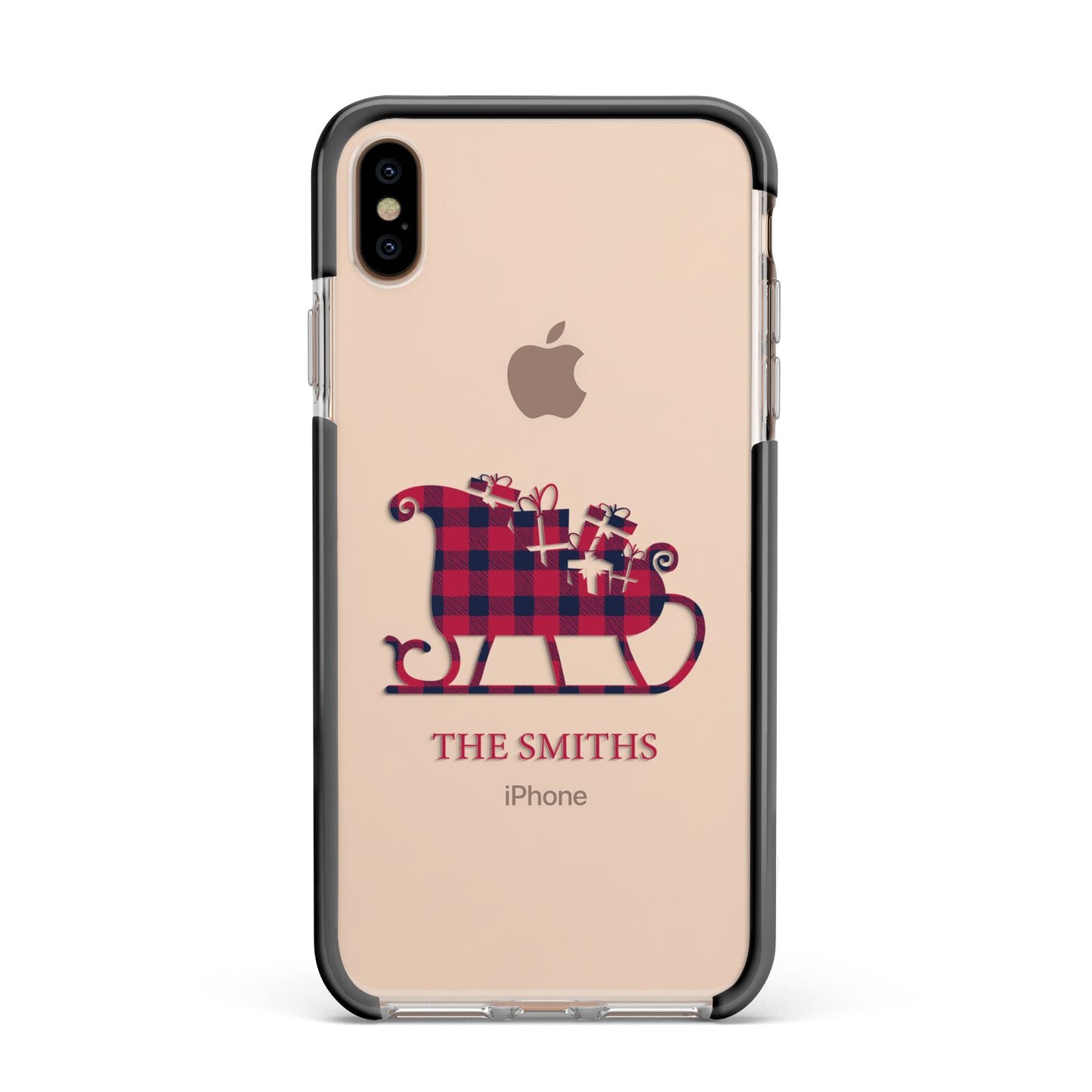 Tartan Santa Sleigh Personalised Surname Apple iPhone Xs Max Impact Case Black Edge on Gold Phone