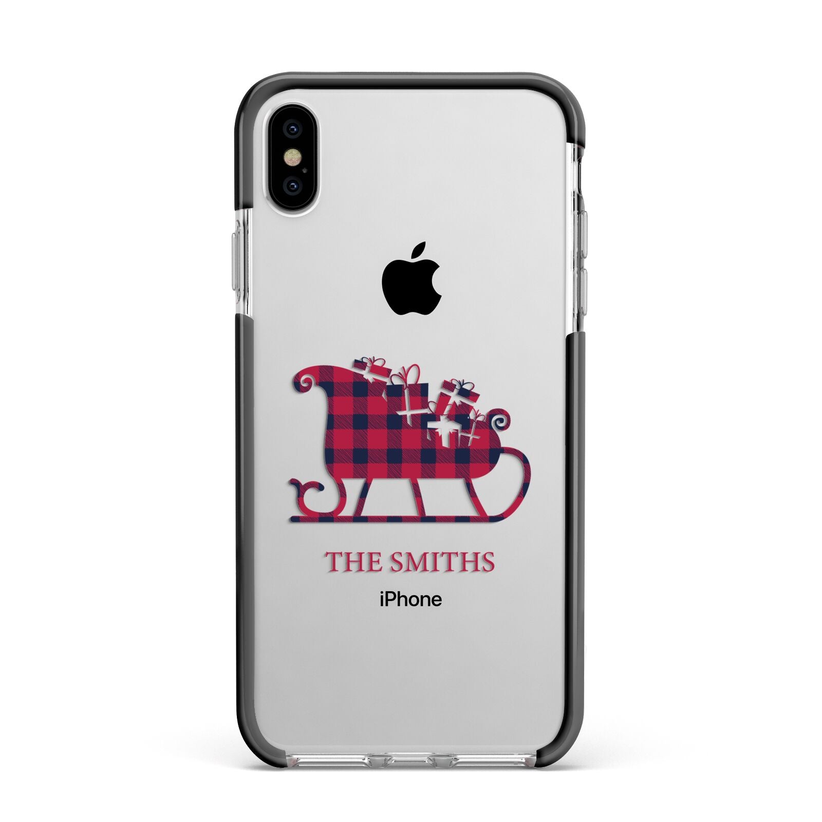 Tartan Santa Sleigh Personalised Surname Apple iPhone Xs Max Impact Case Black Edge on Silver Phone