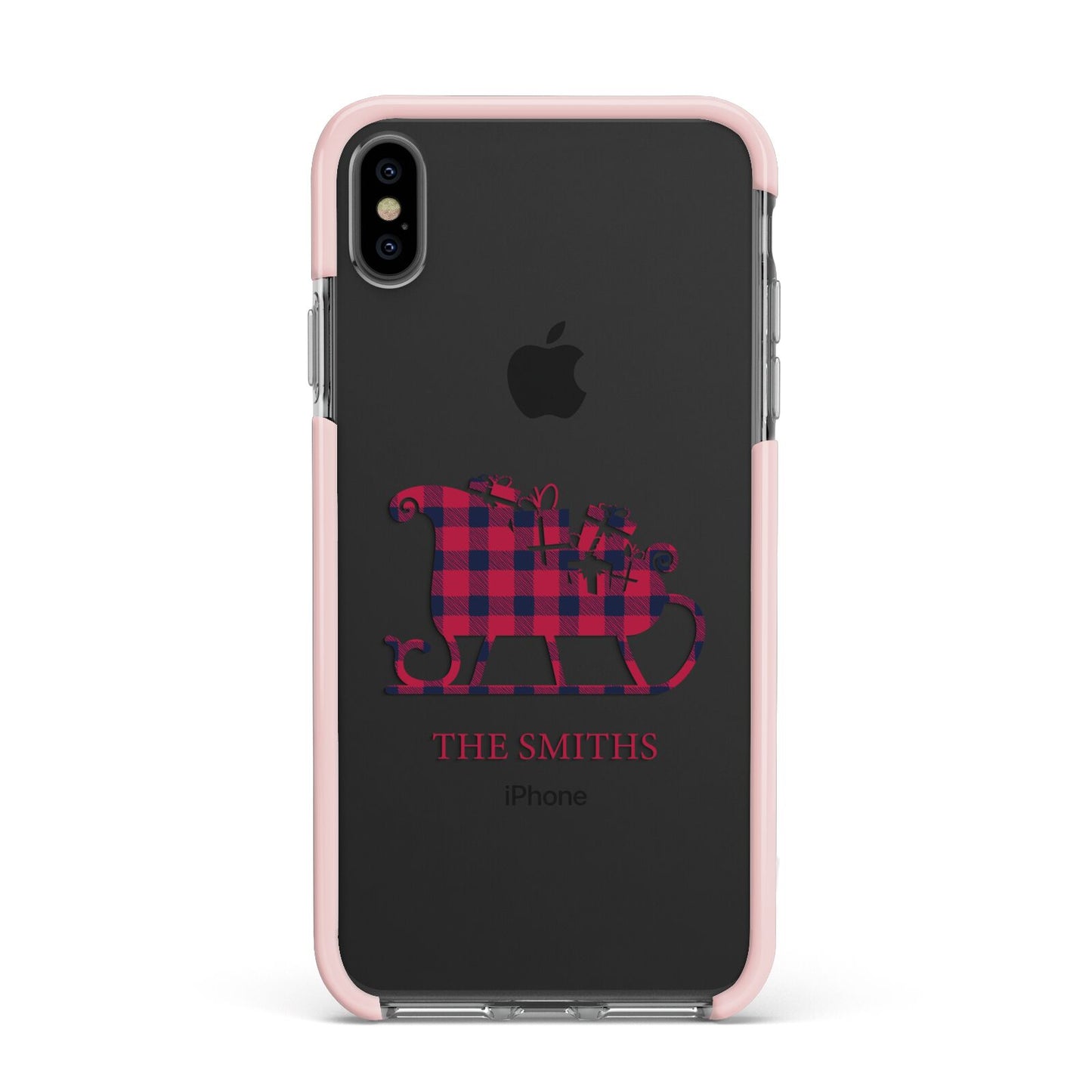 Tartan Santa Sleigh Personalised Surname Apple iPhone Xs Max Impact Case Pink Edge on Black Phone