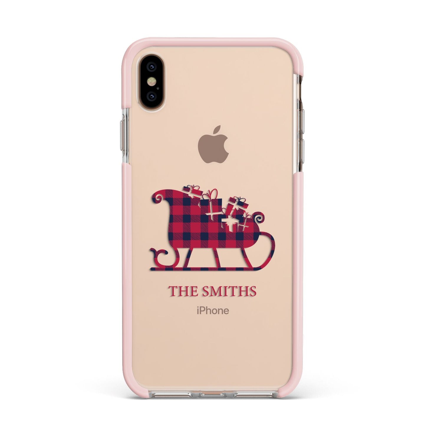 Tartan Santa Sleigh Personalised Surname Apple iPhone Xs Max Impact Case Pink Edge on Gold Phone