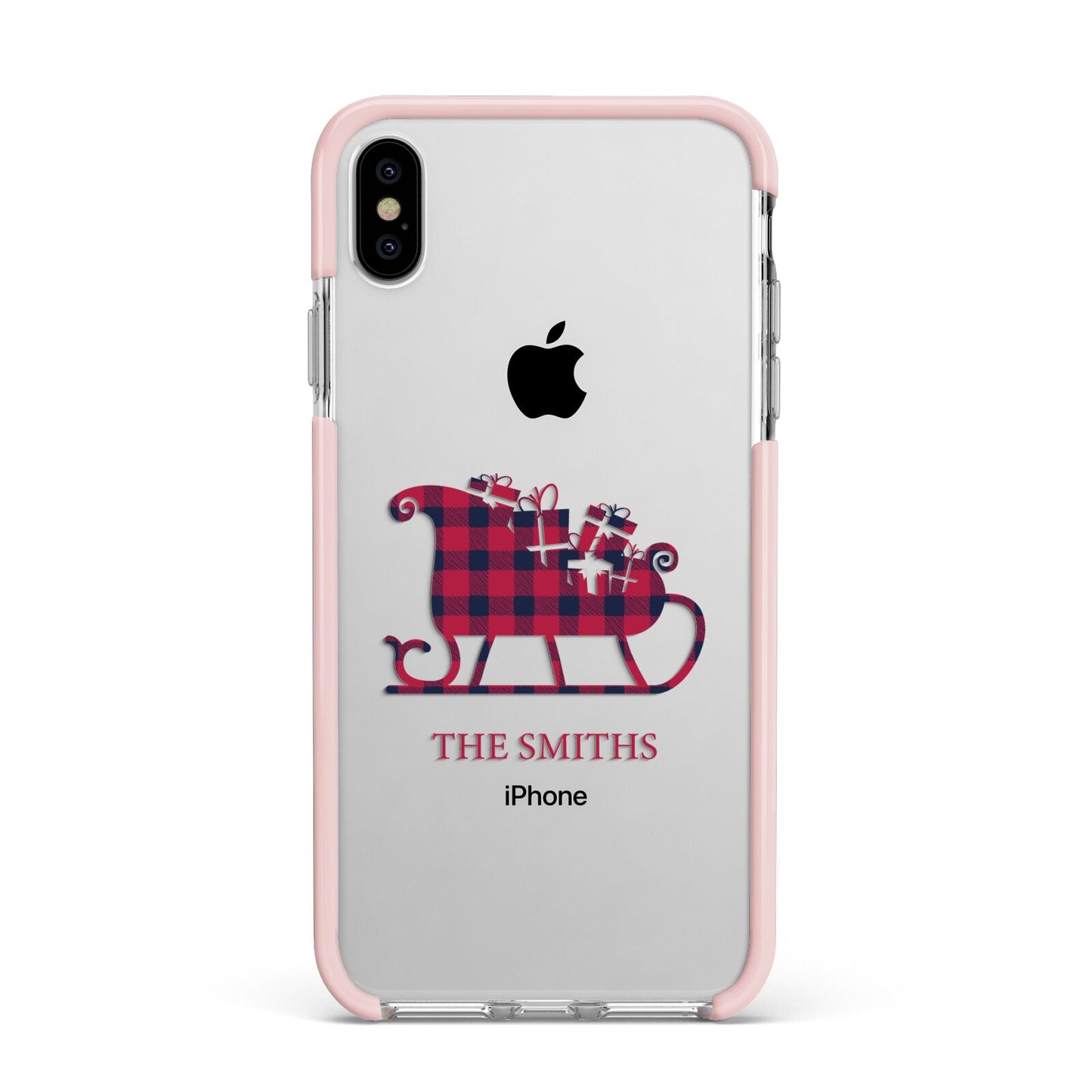 Tartan Santa Sleigh Personalised Surname Apple iPhone Xs Max Impact Case Pink Edge on Silver Phone