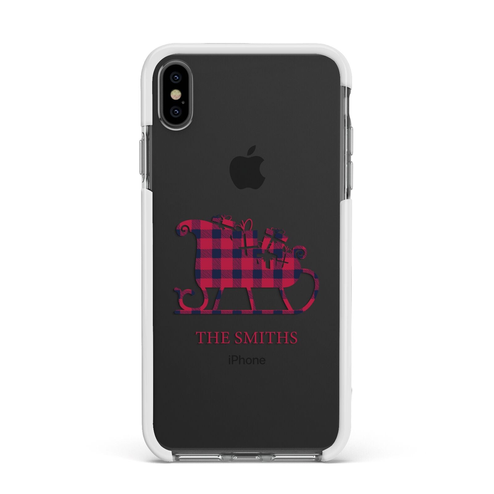 Tartan Santa Sleigh Personalised Surname Apple iPhone Xs Max Impact Case White Edge on Black Phone