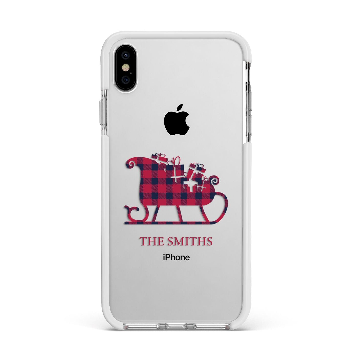 Tartan Santa Sleigh Personalised Surname Apple iPhone Xs Max Impact Case White Edge on Silver Phone