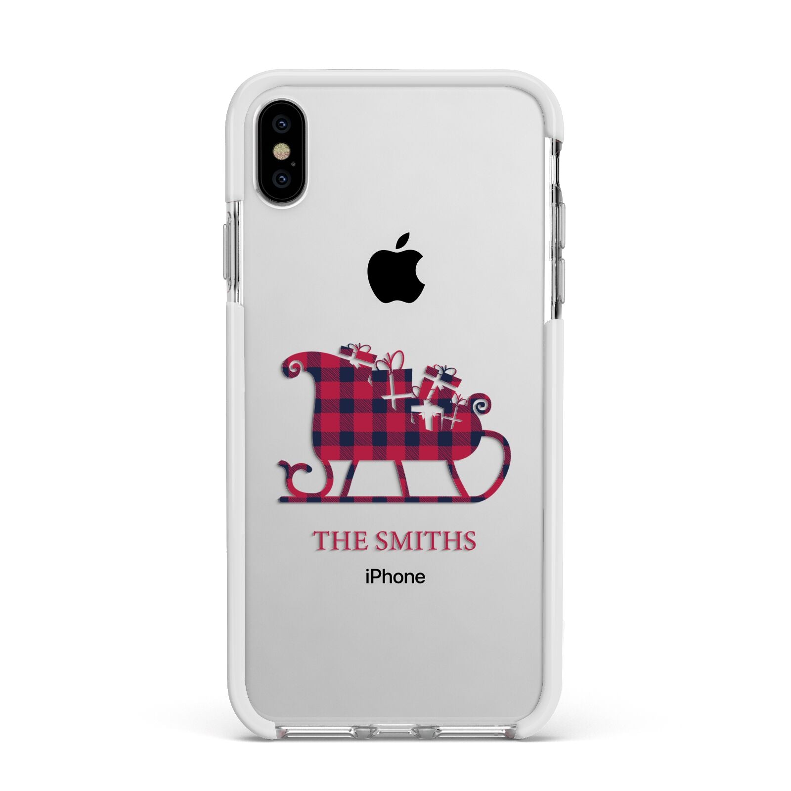 Tartan Santa Sleigh Personalised Surname Apple iPhone Xs Max Impact Case White Edge on Silver Phone