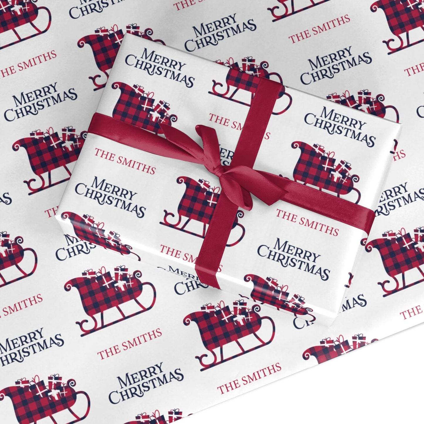 Tartan Santa Sleigh Personalised Surname Custom Wrapping Paper