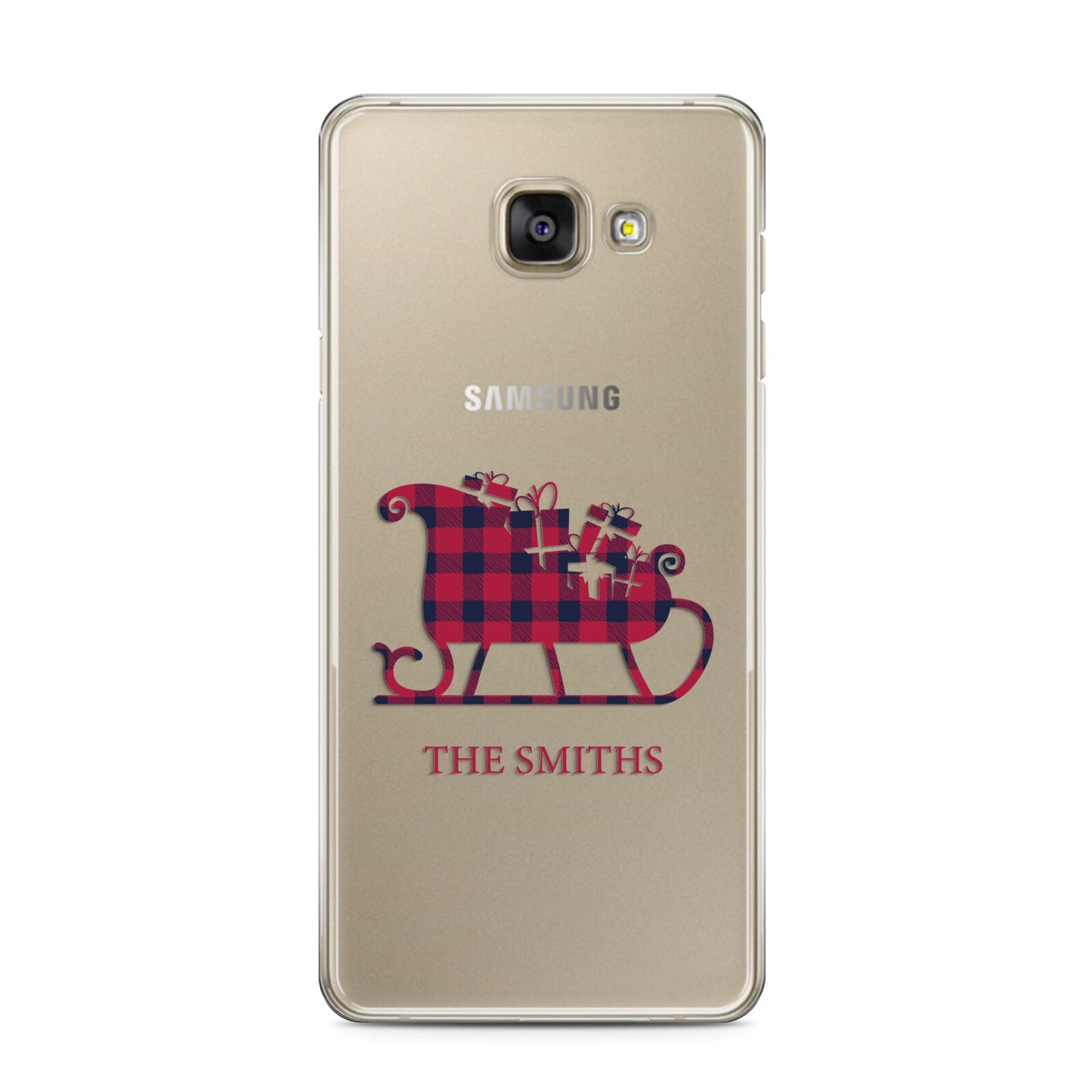 Tartan Santa Sleigh Personalised Surname Samsung Galaxy A3 2016 Case on gold phone