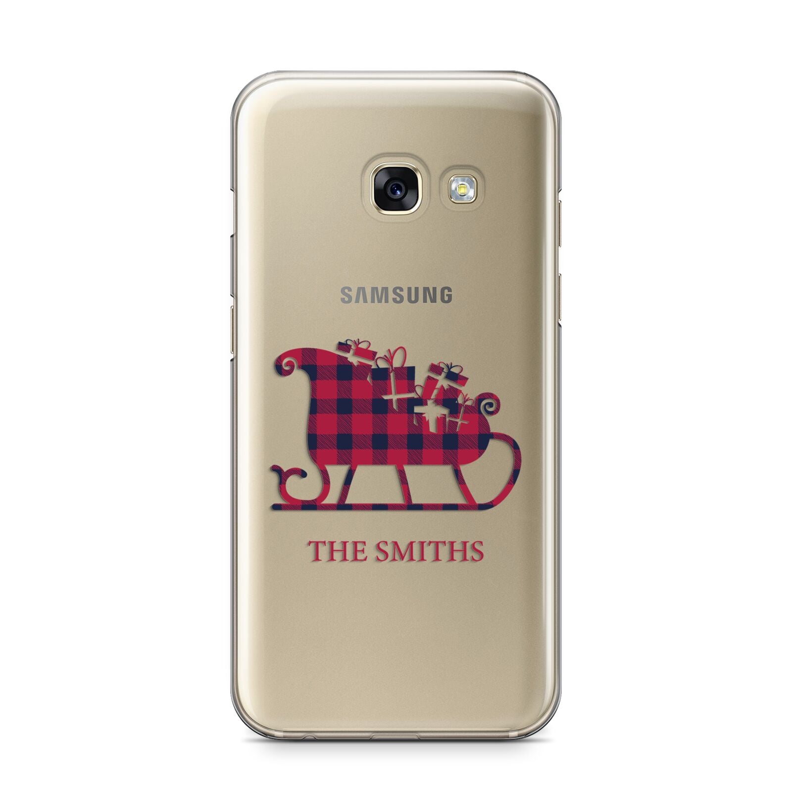 Tartan Santa Sleigh Personalised Surname Samsung Galaxy A3 2017 Case on gold phone