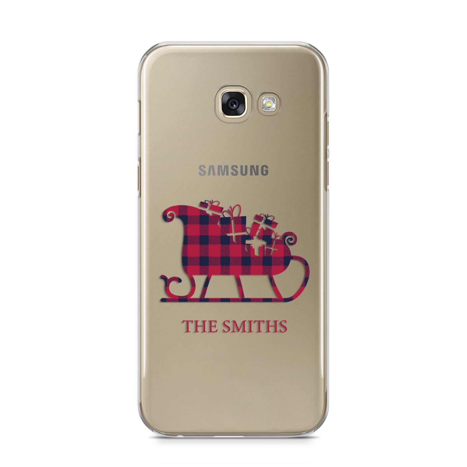 Tartan Santa Sleigh Personalised Surname Samsung Galaxy A5 2017 Case on gold phone