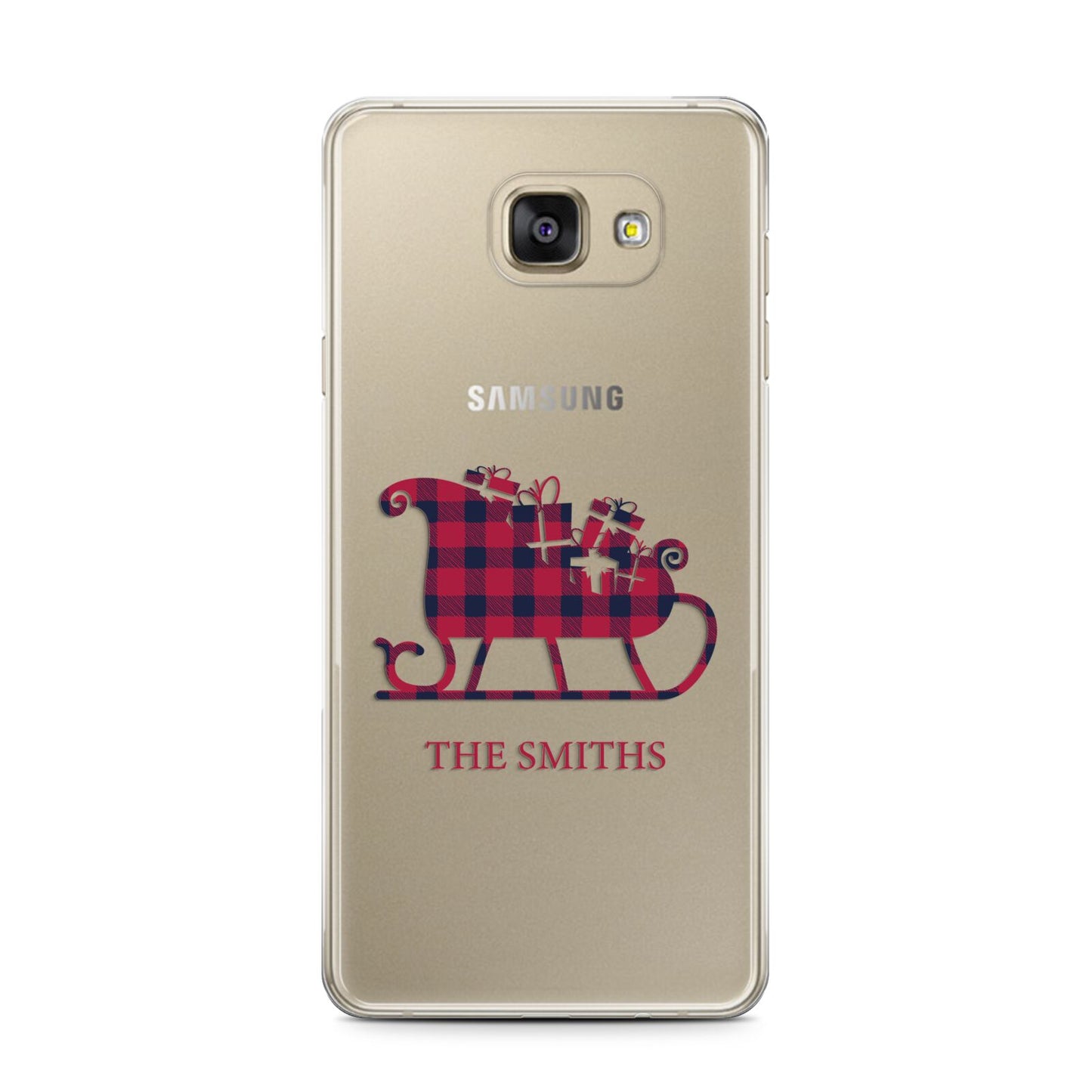 Tartan Santa Sleigh Personalised Surname Samsung Galaxy A7 2016 Case on gold phone