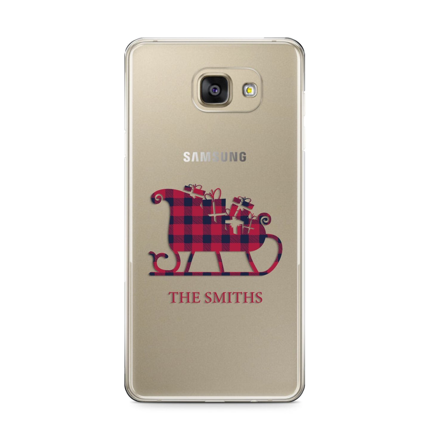 Tartan Santa Sleigh Personalised Surname Samsung Galaxy A9 2016 Case on gold phone