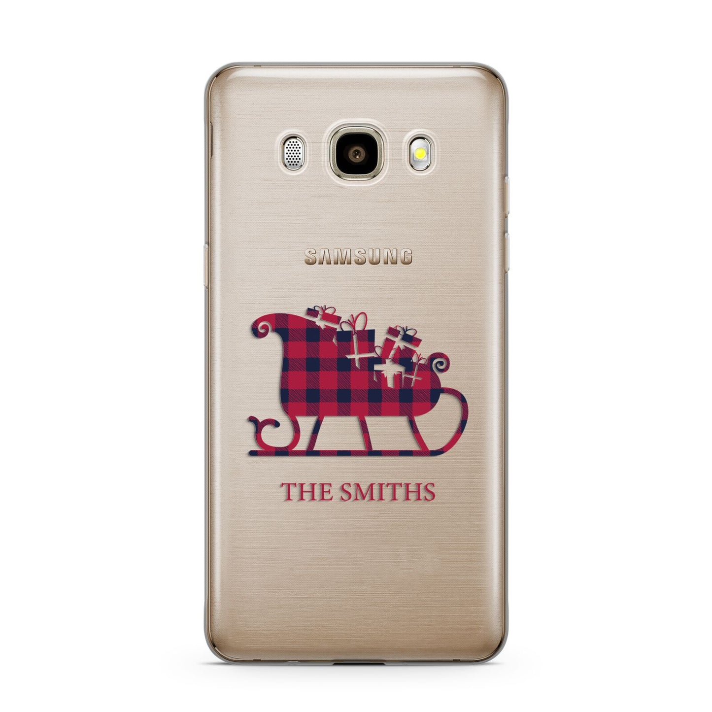 Tartan Santa Sleigh Personalised Surname Samsung Galaxy J7 2016 Case on gold phone