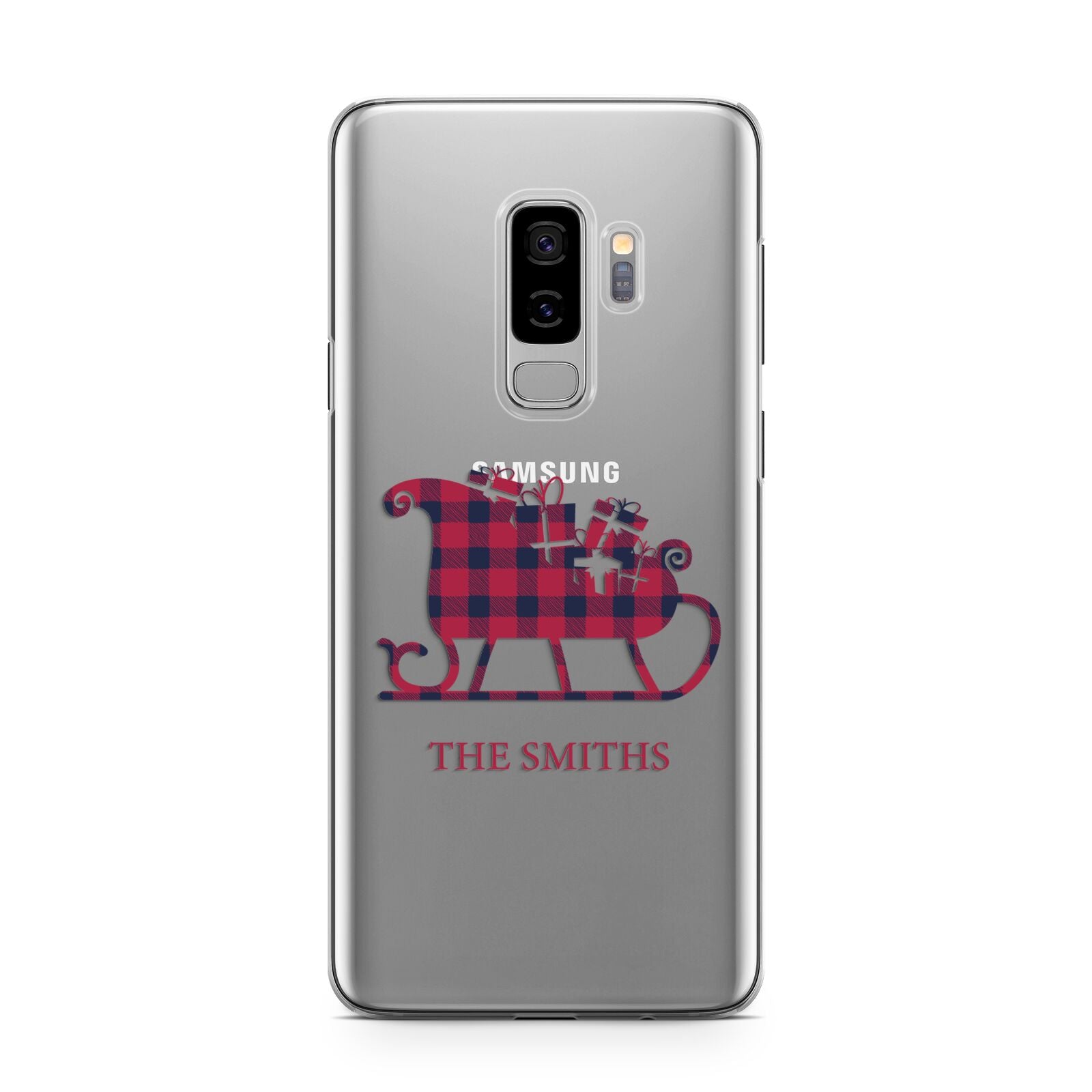 Tartan Santa Sleigh Personalised Surname Samsung Galaxy S9 Plus Case on Silver phone