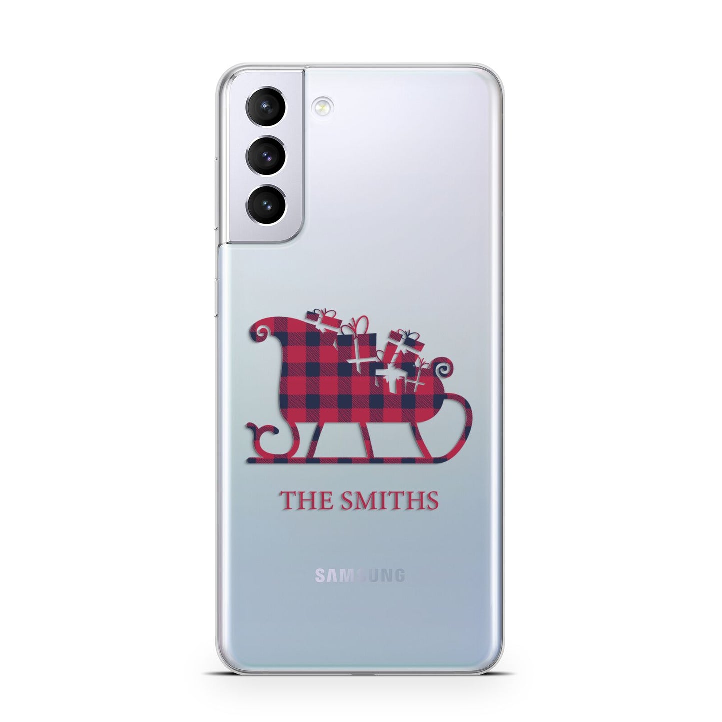 Tartan Santa Sleigh Personalised Surname Samsung S21 Plus Phone Case