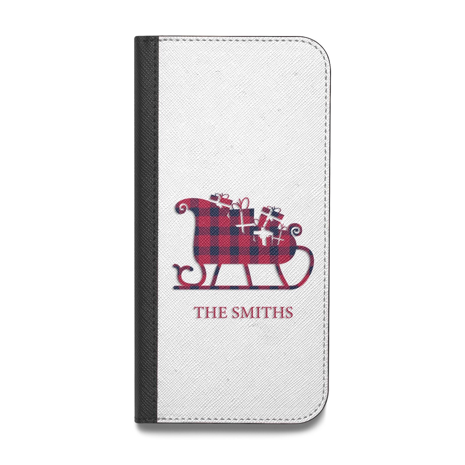 Tartan Santa Sleigh Personalised Surname Vegan Leather Flip iPhone Case