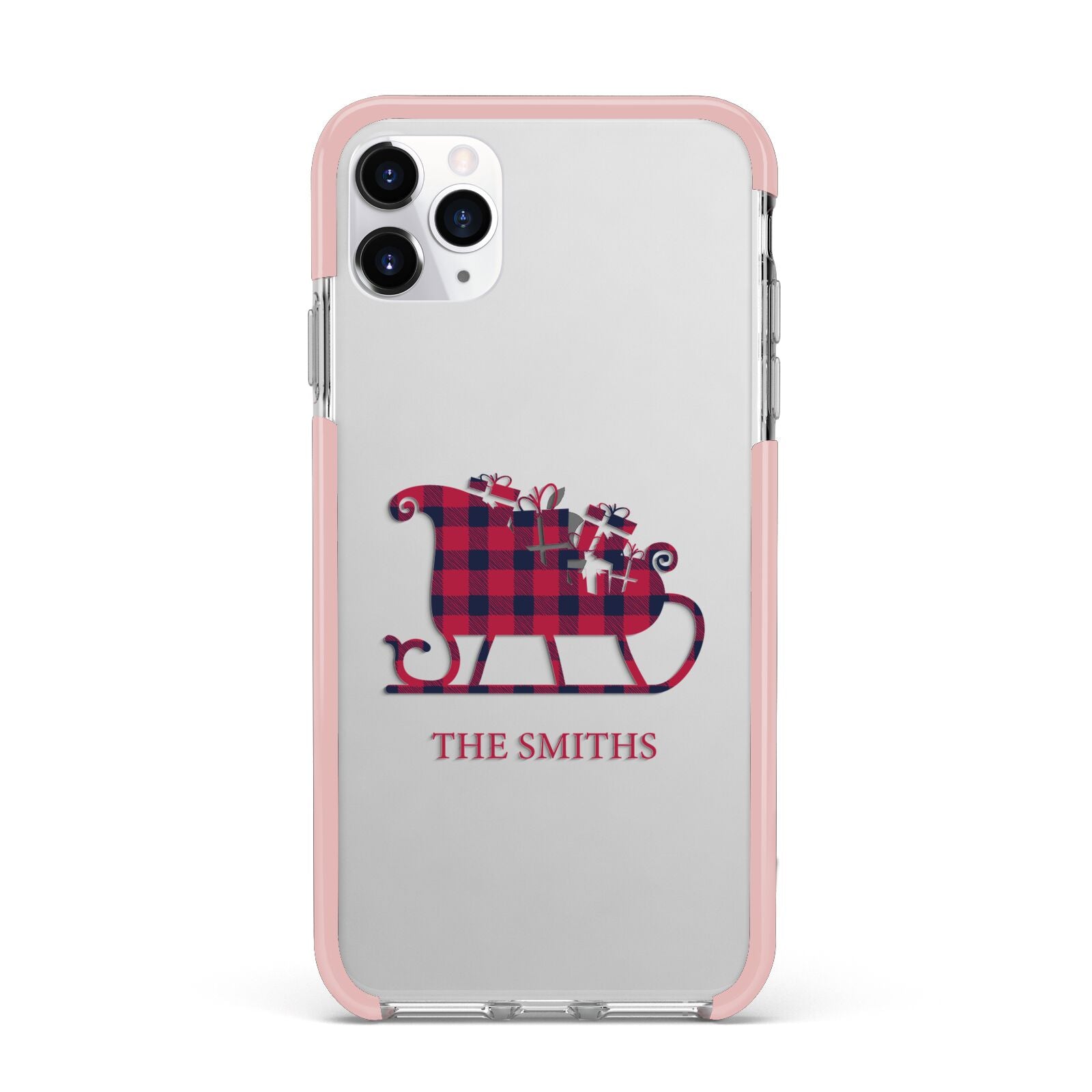 Tartan Santa Sleigh Personalised Surname iPhone 11 Pro Max Impact Pink Edge Case