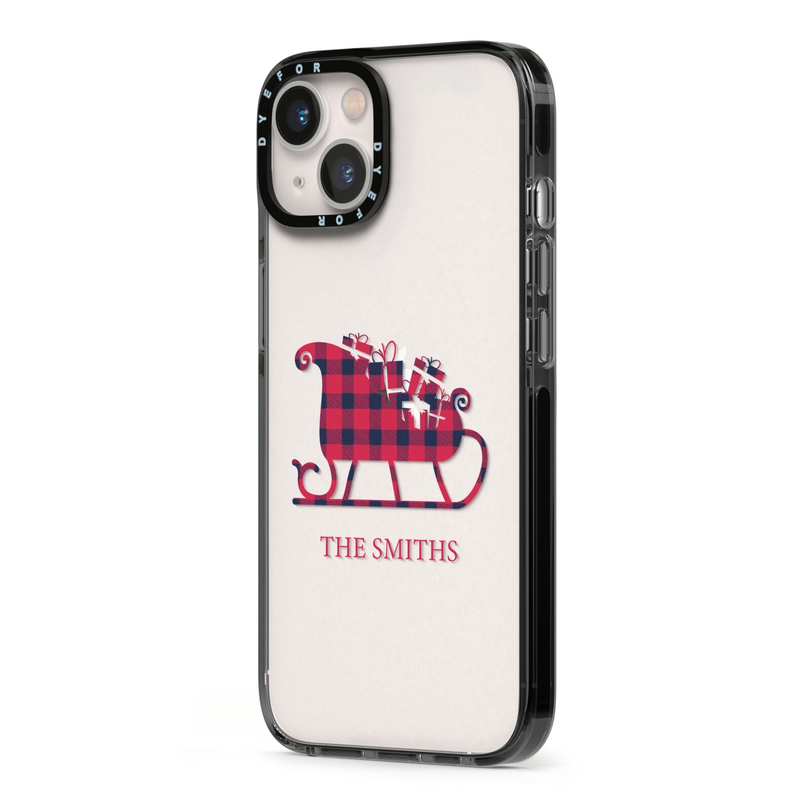 Tartan Santa Sleigh Personalised Surname iPhone 13 Black Impact Case Side Angle on Silver phone