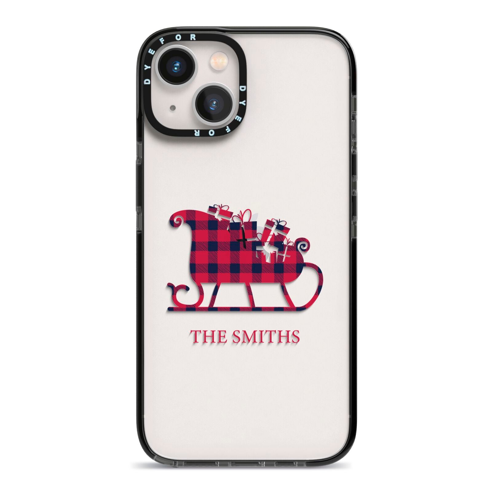 Tartan Santa Sleigh Personalised Surname iPhone 13 Black Impact Case on Silver phone