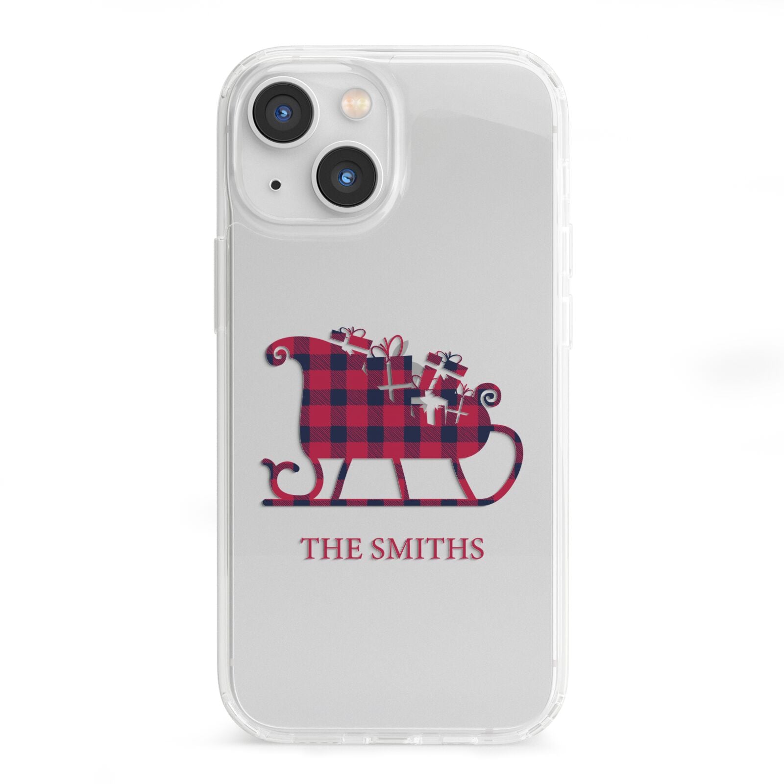 Tartan Santa Sleigh Personalised Surname iPhone 13 Mini Clear Bumper Case