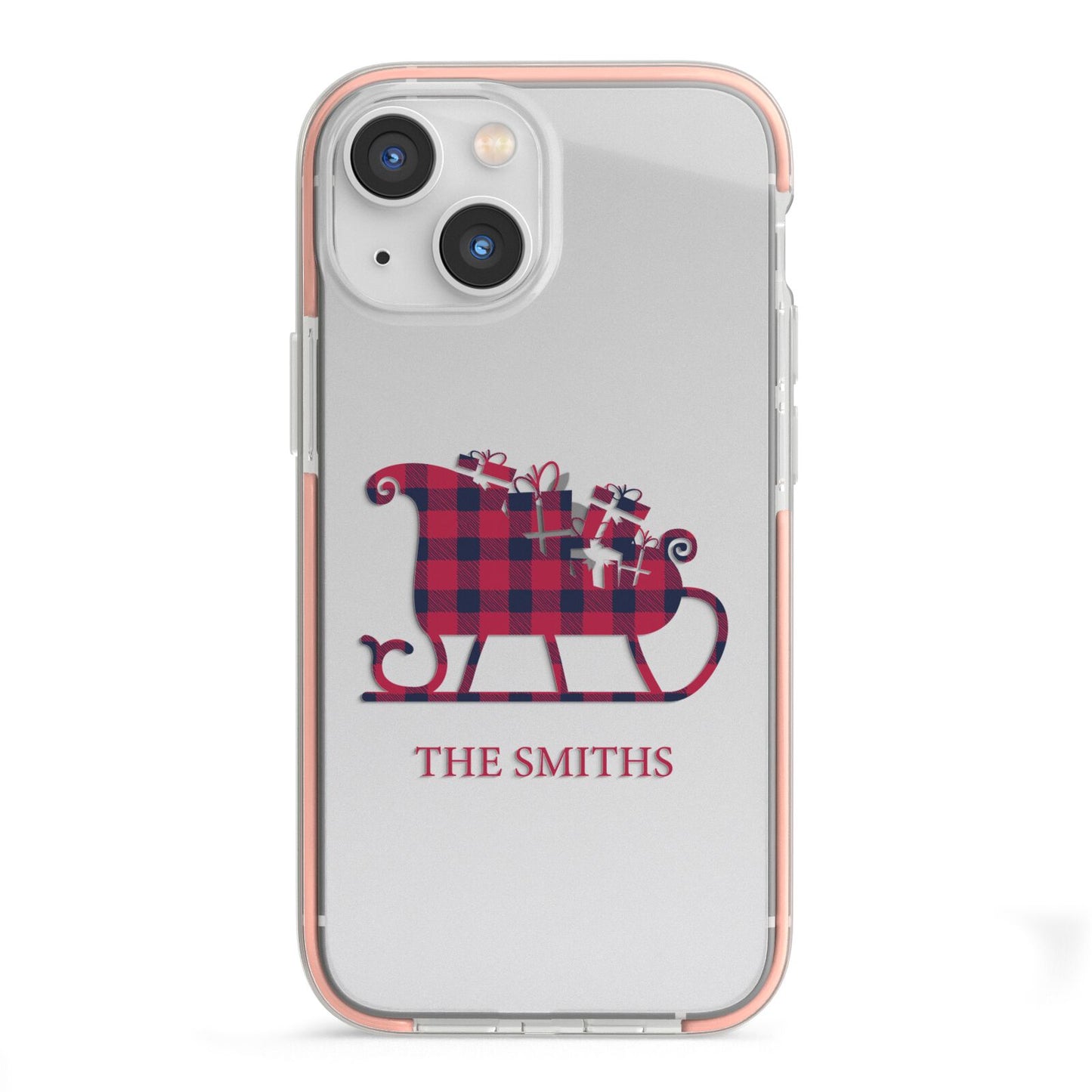 Tartan Santa Sleigh Personalised Surname iPhone 13 Mini TPU Impact Case with Pink Edges