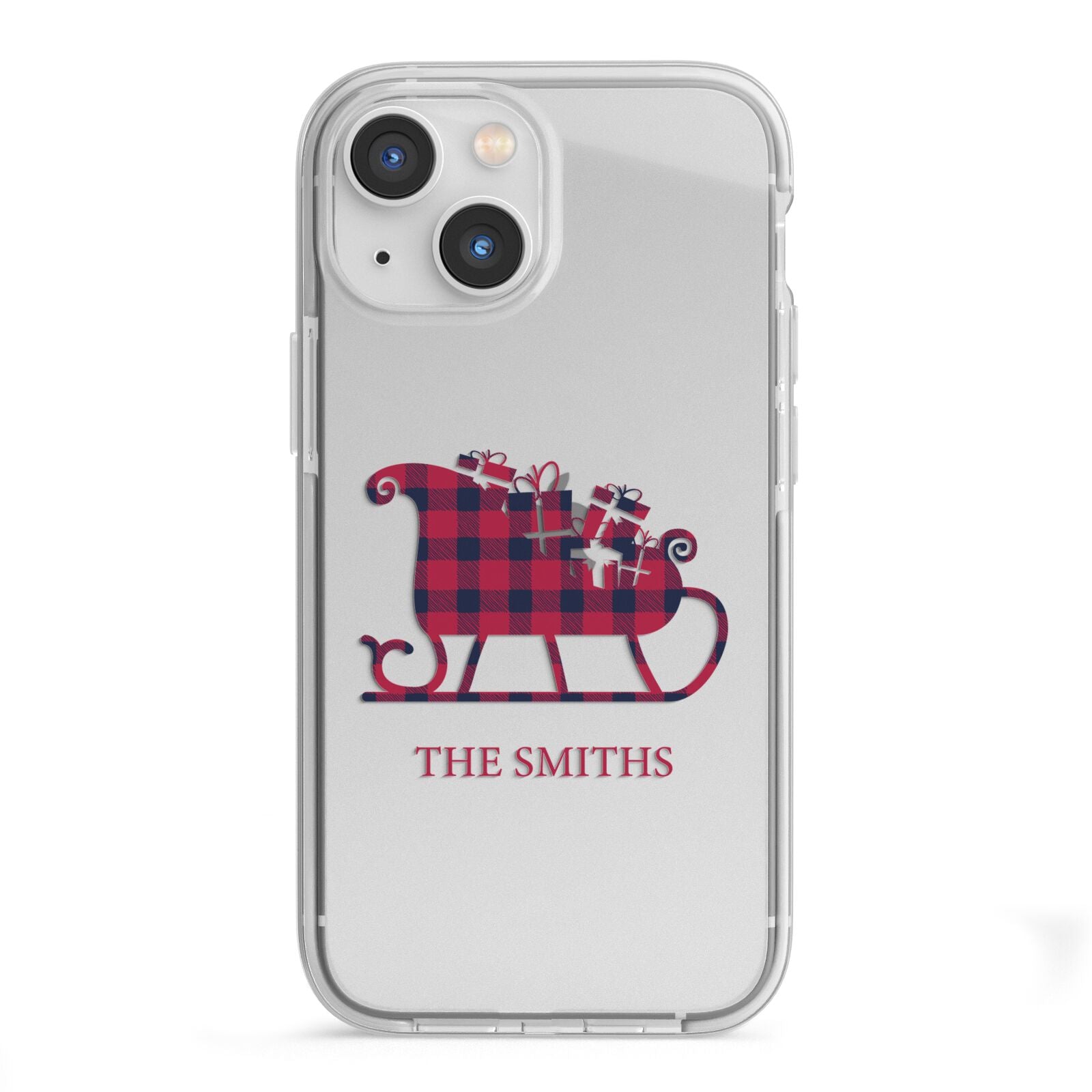 Tartan Santa Sleigh Personalised Surname iPhone 13 Mini TPU Impact Case with White Edges