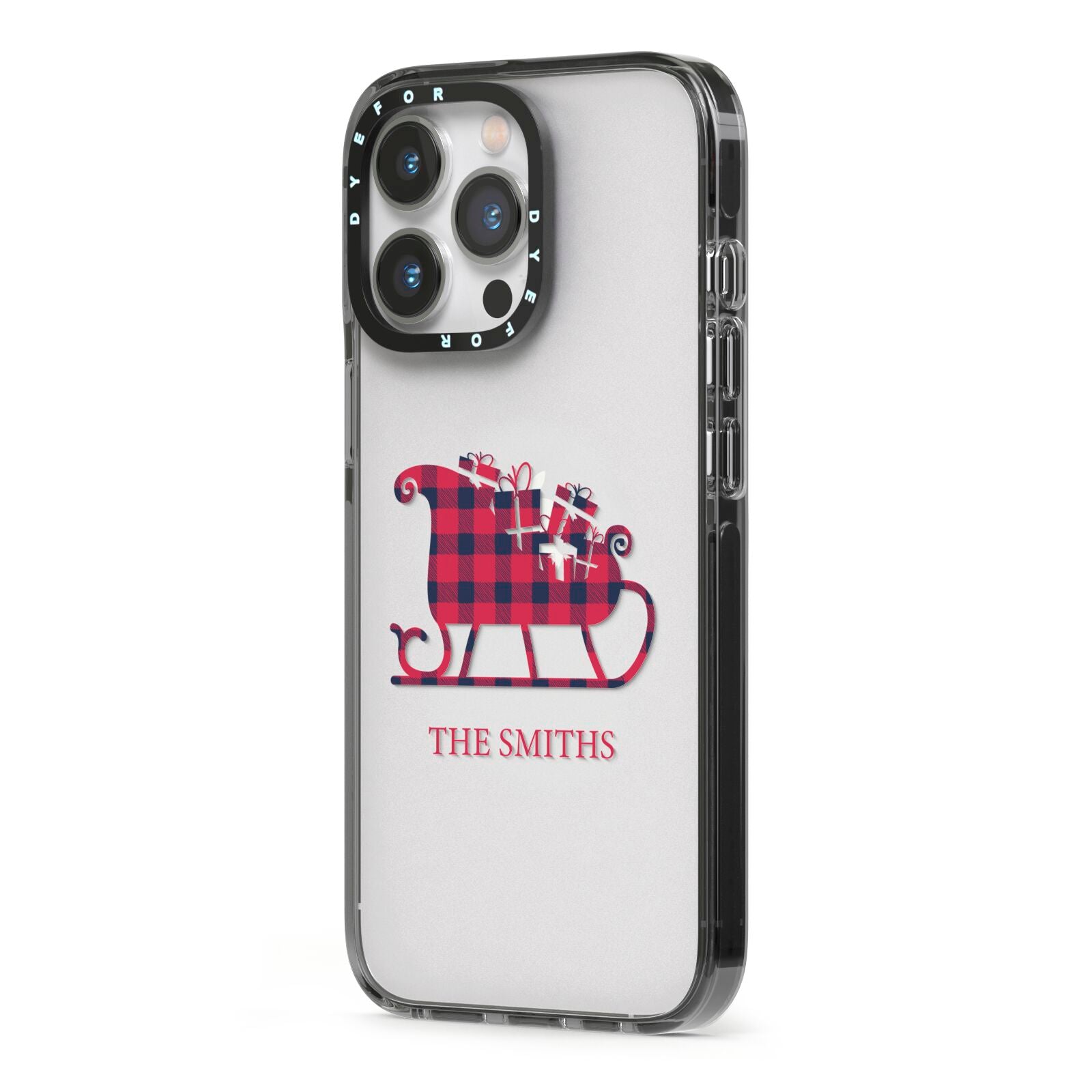 Tartan Santa Sleigh Personalised Surname iPhone 13 Pro Black Impact Case Side Angle on Silver phone