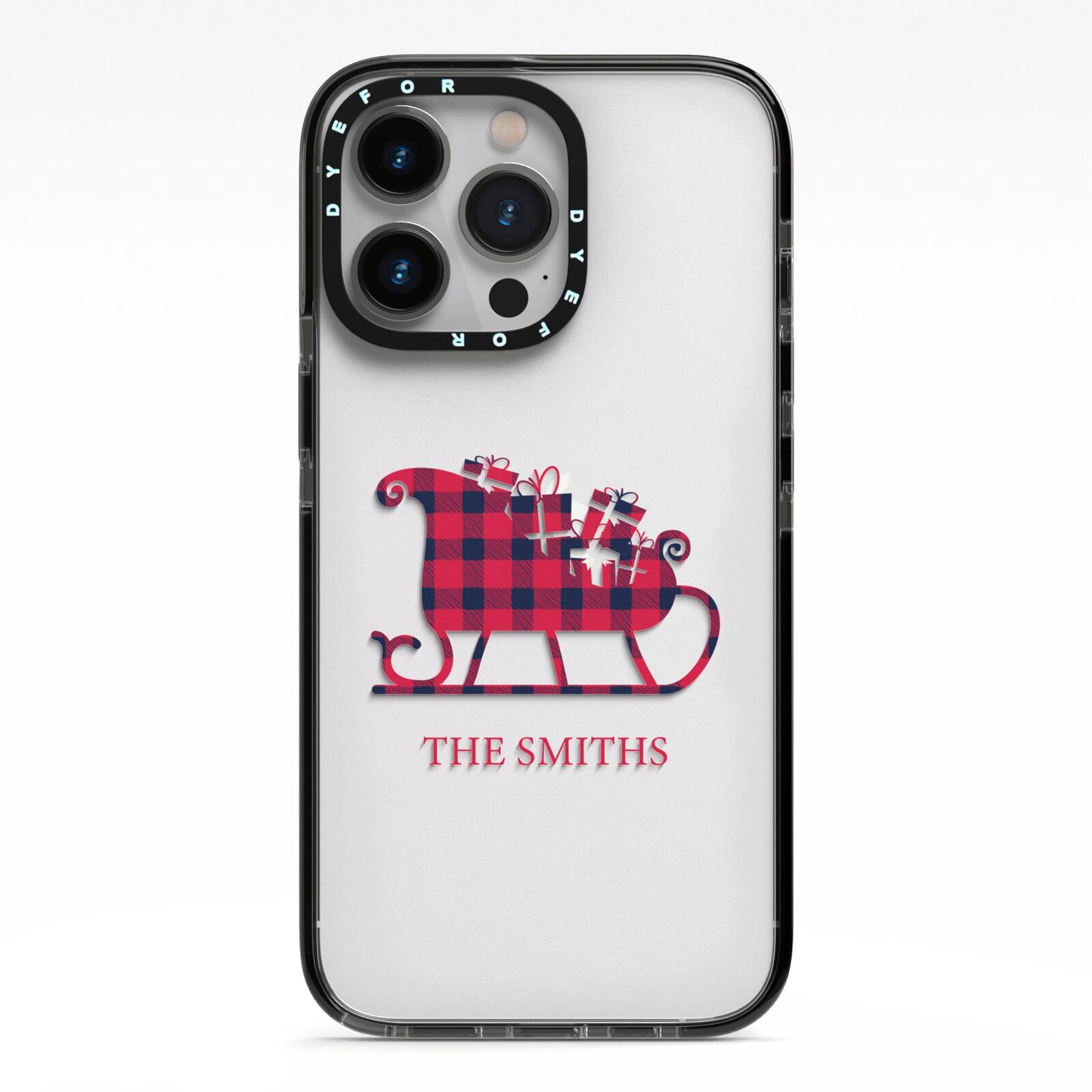 Tartan Santa Sleigh Personalised Surname iPhone 13 Pro Black Impact Case on Silver phone