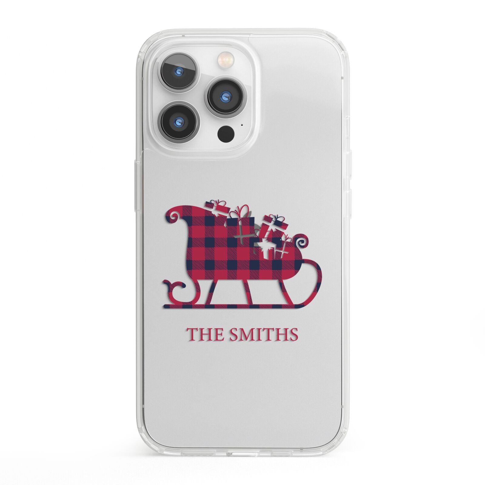 Tartan Santa Sleigh Personalised Surname iPhone 13 Pro Clear Bumper Case