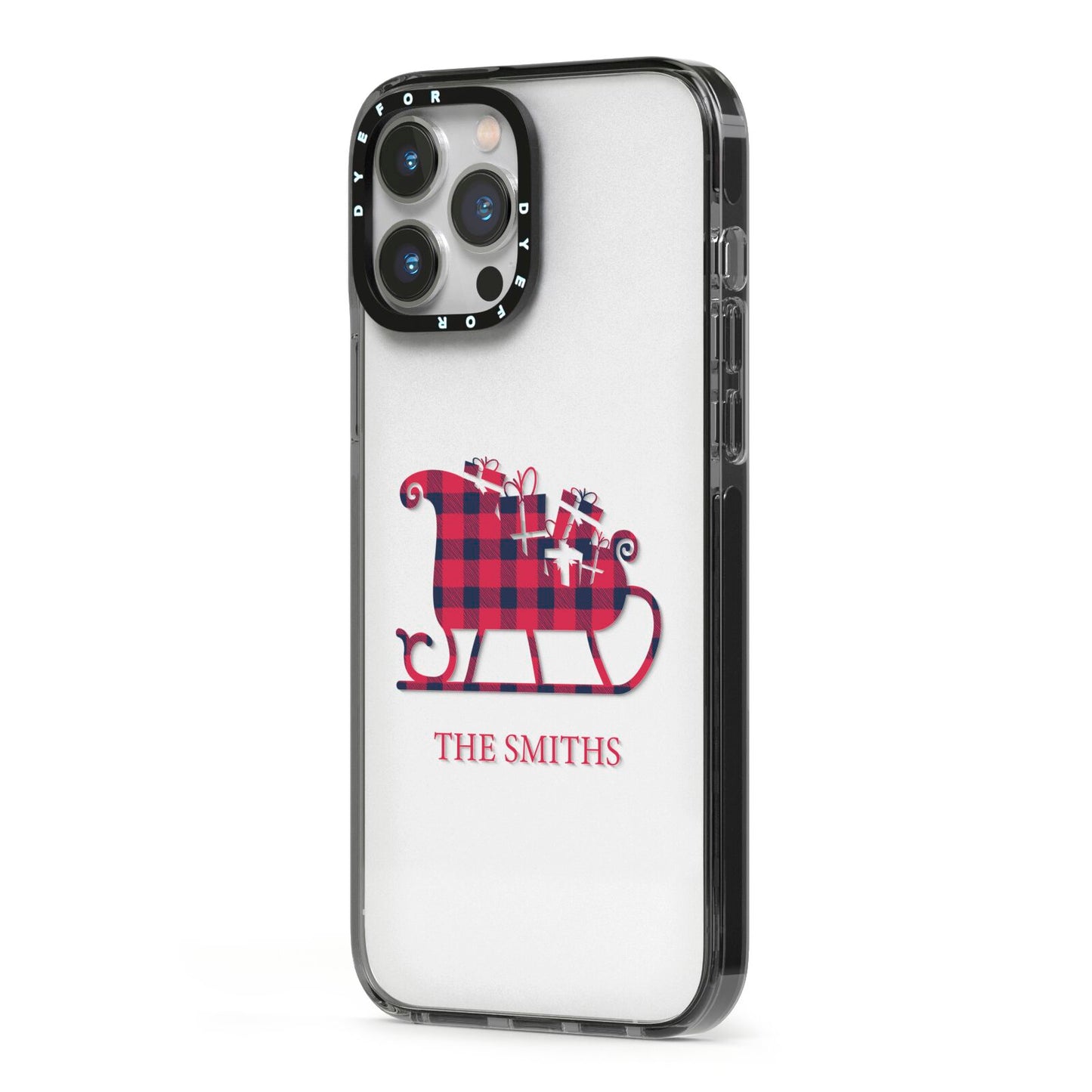 Tartan Santa Sleigh Personalised Surname iPhone 13 Pro Max Black Impact Case Side Angle on Silver phone