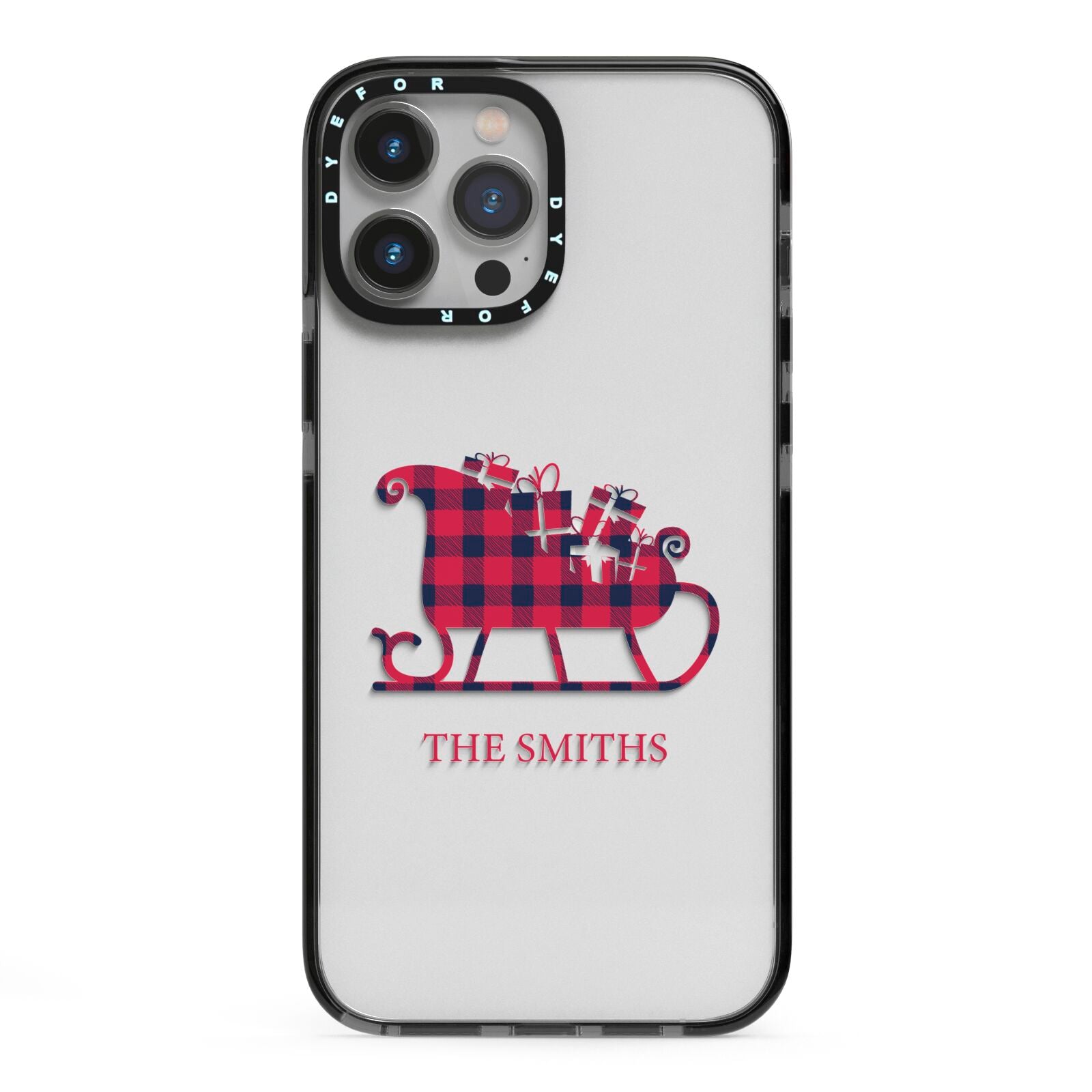 Tartan Santa Sleigh Personalised Surname iPhone 13 Pro Max Black Impact Case on Silver phone