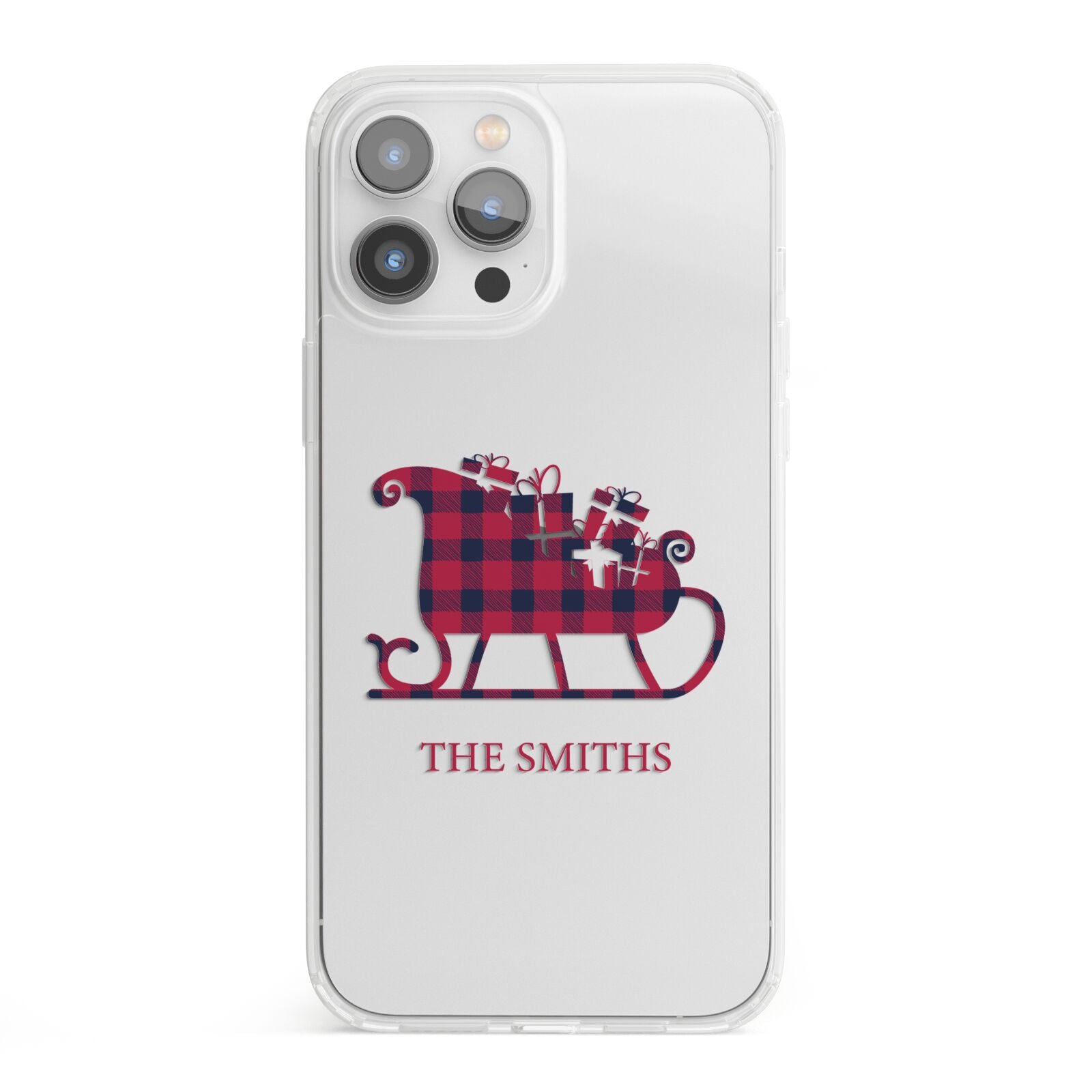 Tartan Santa Sleigh Personalised Surname iPhone 13 Pro Max Clear Bumper Case