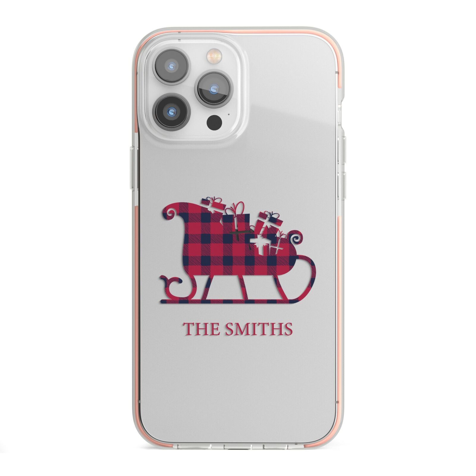 Tartan Santa Sleigh Personalised Surname iPhone 13 Pro Max TPU Impact Case with Pink Edges