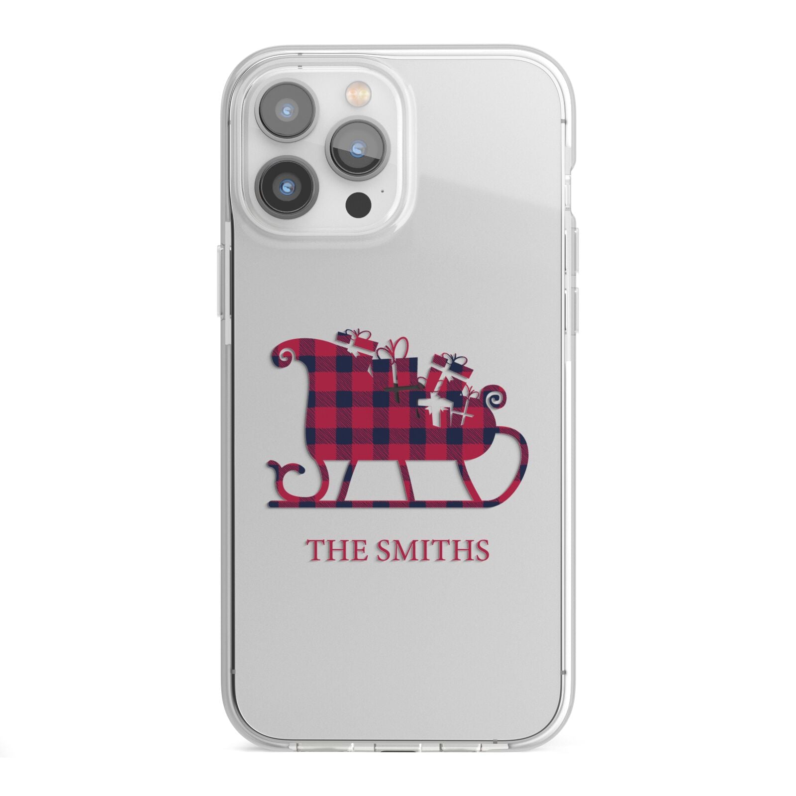 Tartan Santa Sleigh Personalised Surname iPhone 13 Pro Max TPU Impact Case with White Edges