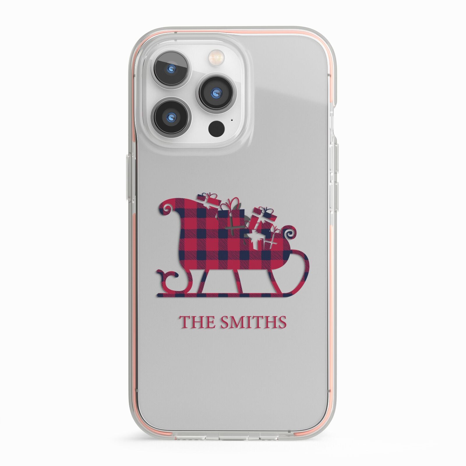 Tartan Santa Sleigh Personalised Surname iPhone 13 Pro TPU Impact Case with Pink Edges