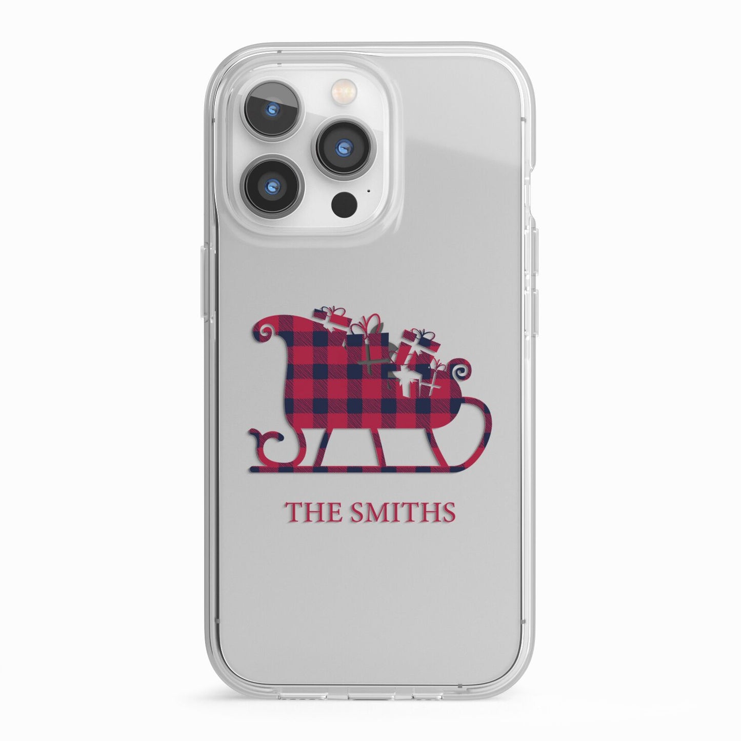 Tartan Santa Sleigh Personalised Surname iPhone 13 Pro TPU Impact Case with White Edges