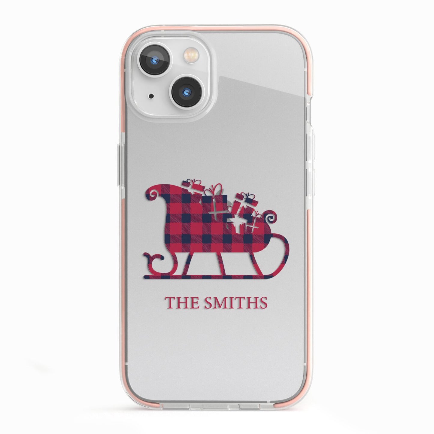 Tartan Santa Sleigh Personalised Surname iPhone 13 TPU Impact Case with Pink Edges