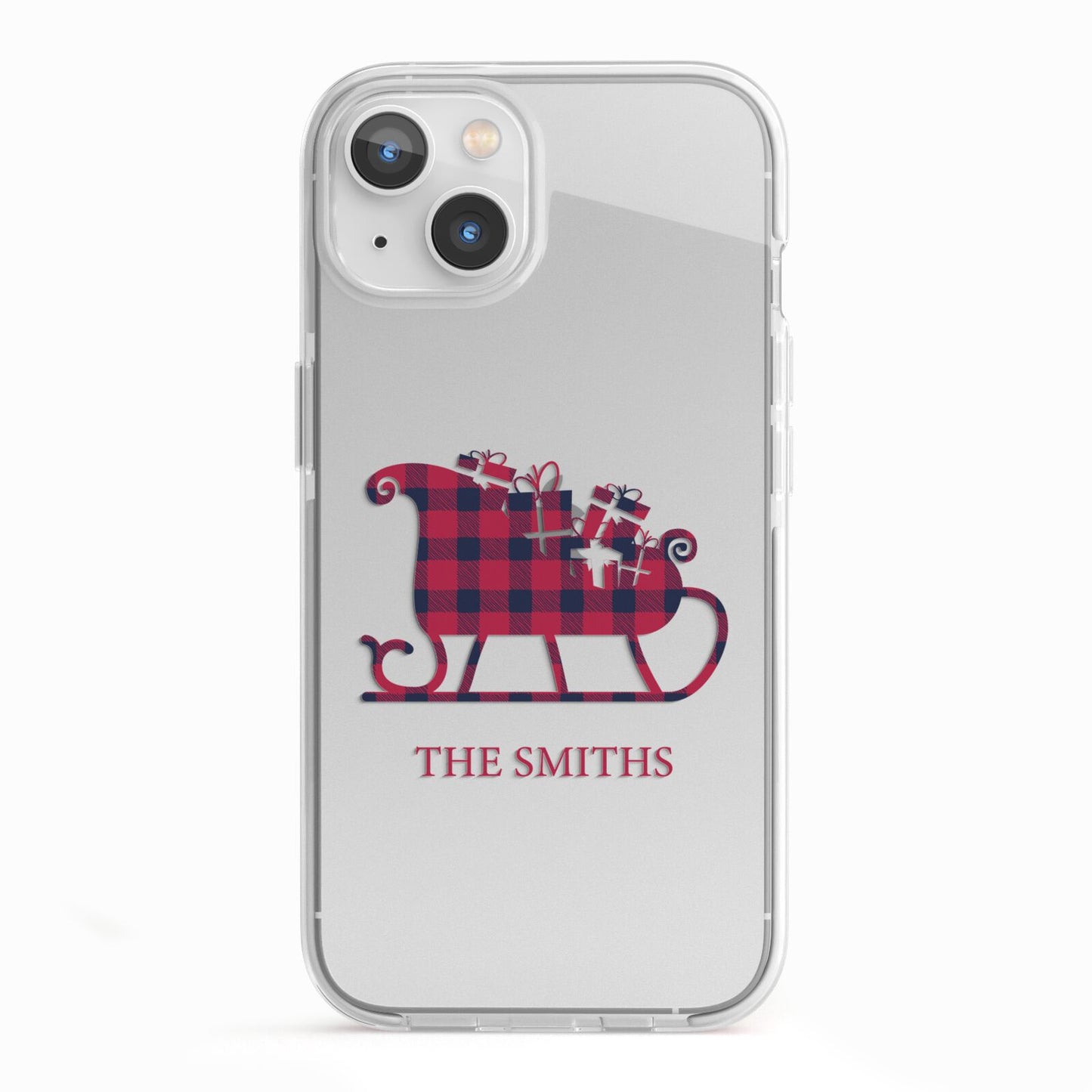 Tartan Santa Sleigh Personalised Surname iPhone 13 TPU Impact Case with White Edges