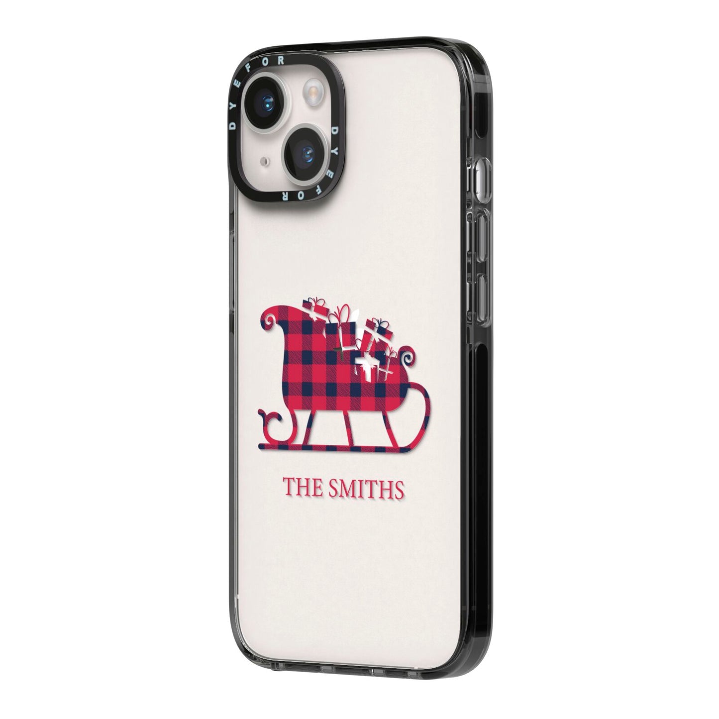 Tartan Santa Sleigh Personalised Surname iPhone 14 Black Impact Case Side Angle on Silver phone