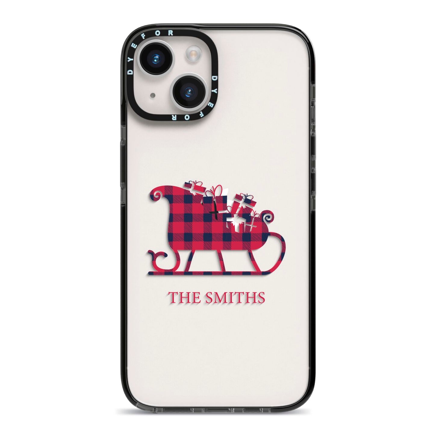 Tartan Santa Sleigh Personalised Surname iPhone 14 Black Impact Case on Silver phone