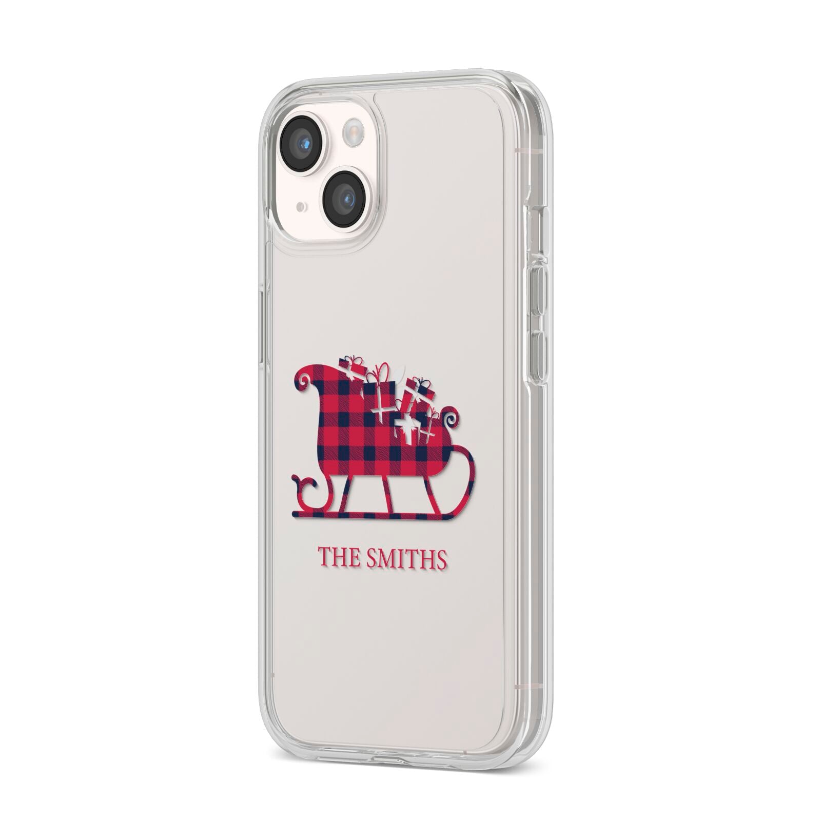 Tartan Santa Sleigh Personalised Surname iPhone 14 Clear Tough Case Starlight Angled Image