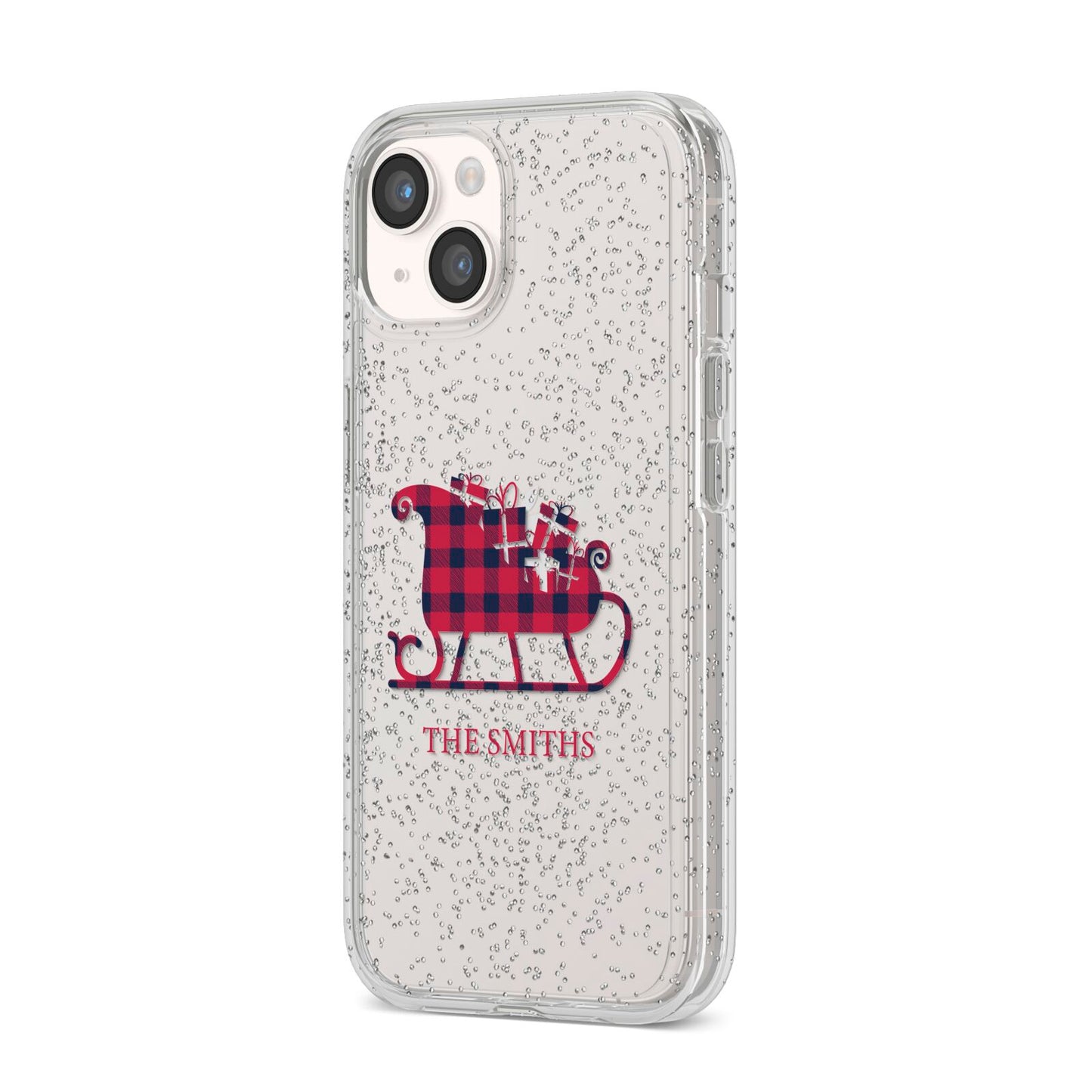 Tartan Santa Sleigh Personalised Surname iPhone 14 Glitter Tough Case Starlight Angled Image