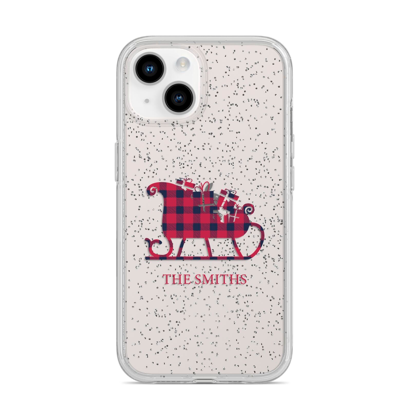 Tartan Santa Sleigh Personalised Surname iPhone 14 Glitter Tough Case Starlight