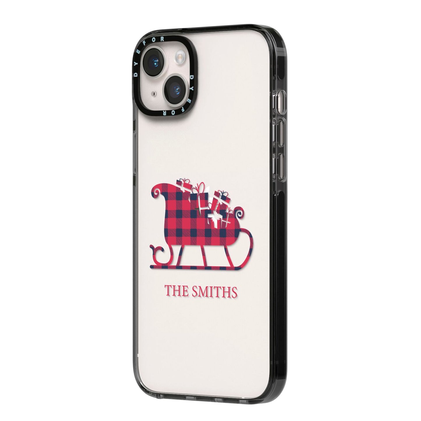 Tartan Santa Sleigh Personalised Surname iPhone 14 Plus Black Impact Case Side Angle on Silver phone