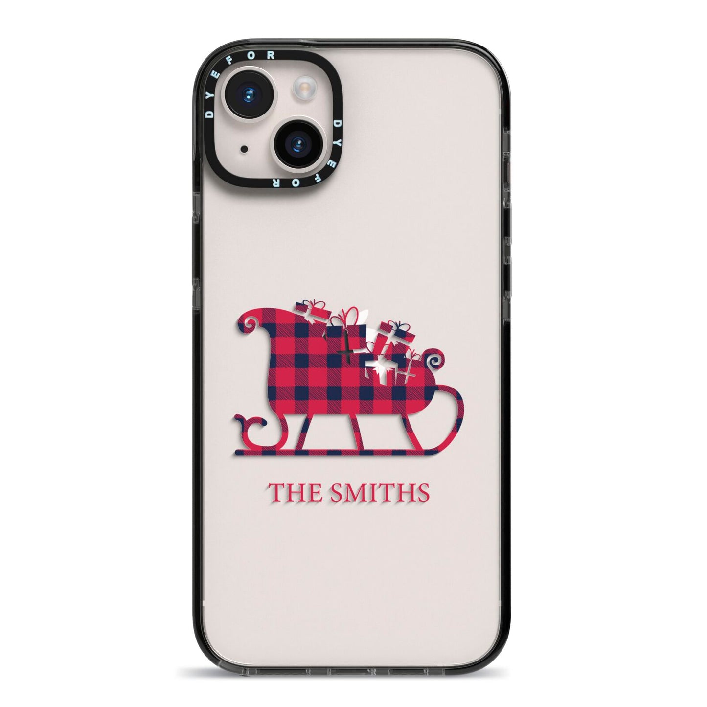 Tartan Santa Sleigh Personalised Surname iPhone 14 Plus Black Impact Case on Silver phone